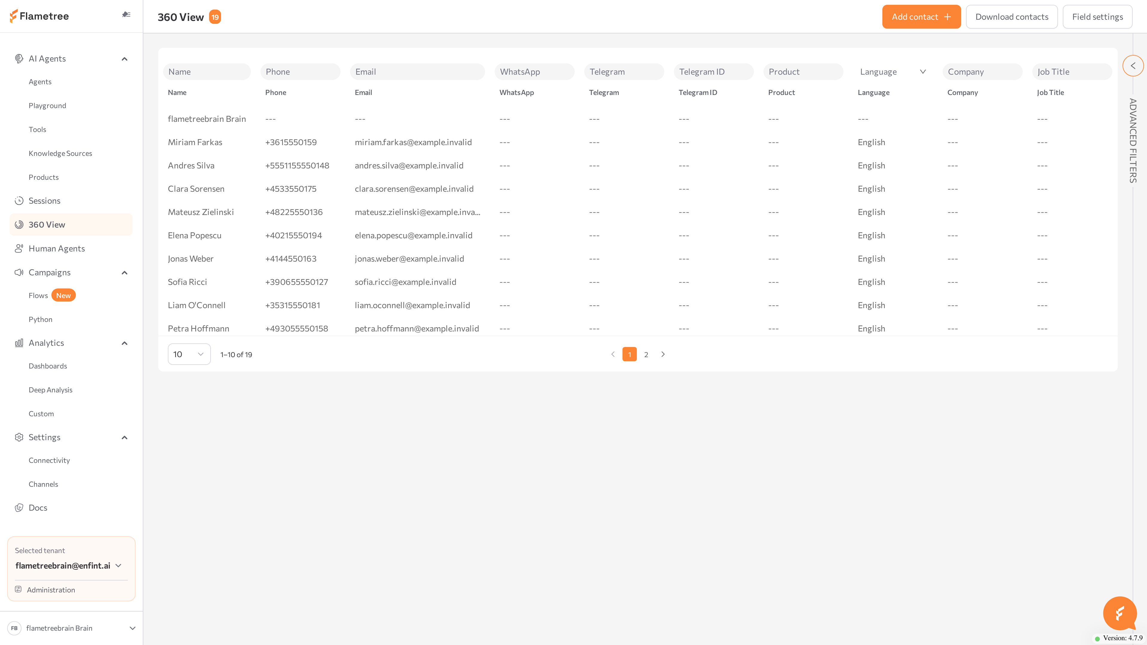 360 View customer list with quick filters and the Advanced filters panel collapsed