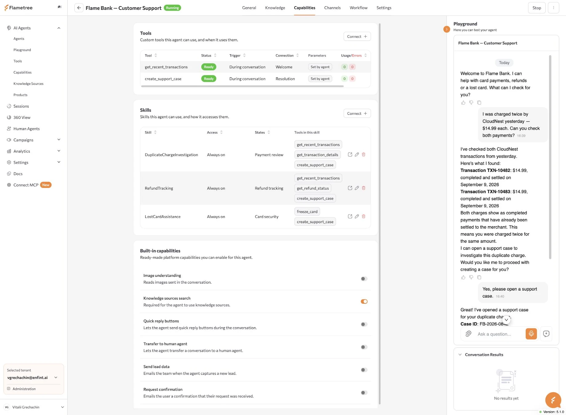 Capabilities tab with the Tools table showing status, trigger, and usage columns, and the Playground panel open for testing