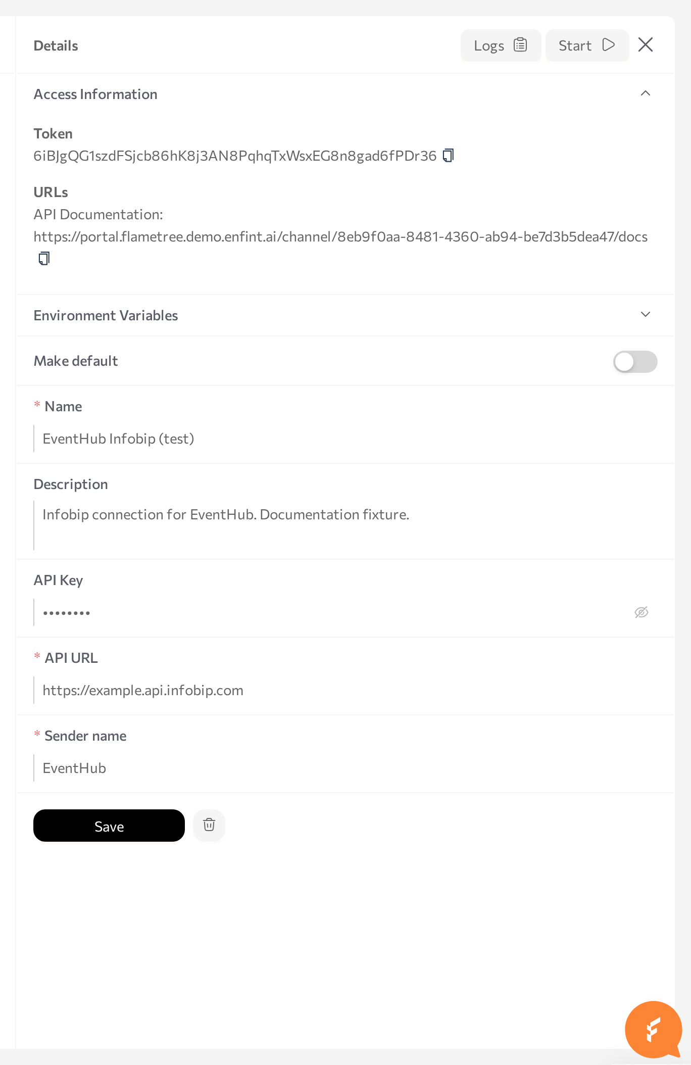 Access Information section of the connection with the API Documentation URL