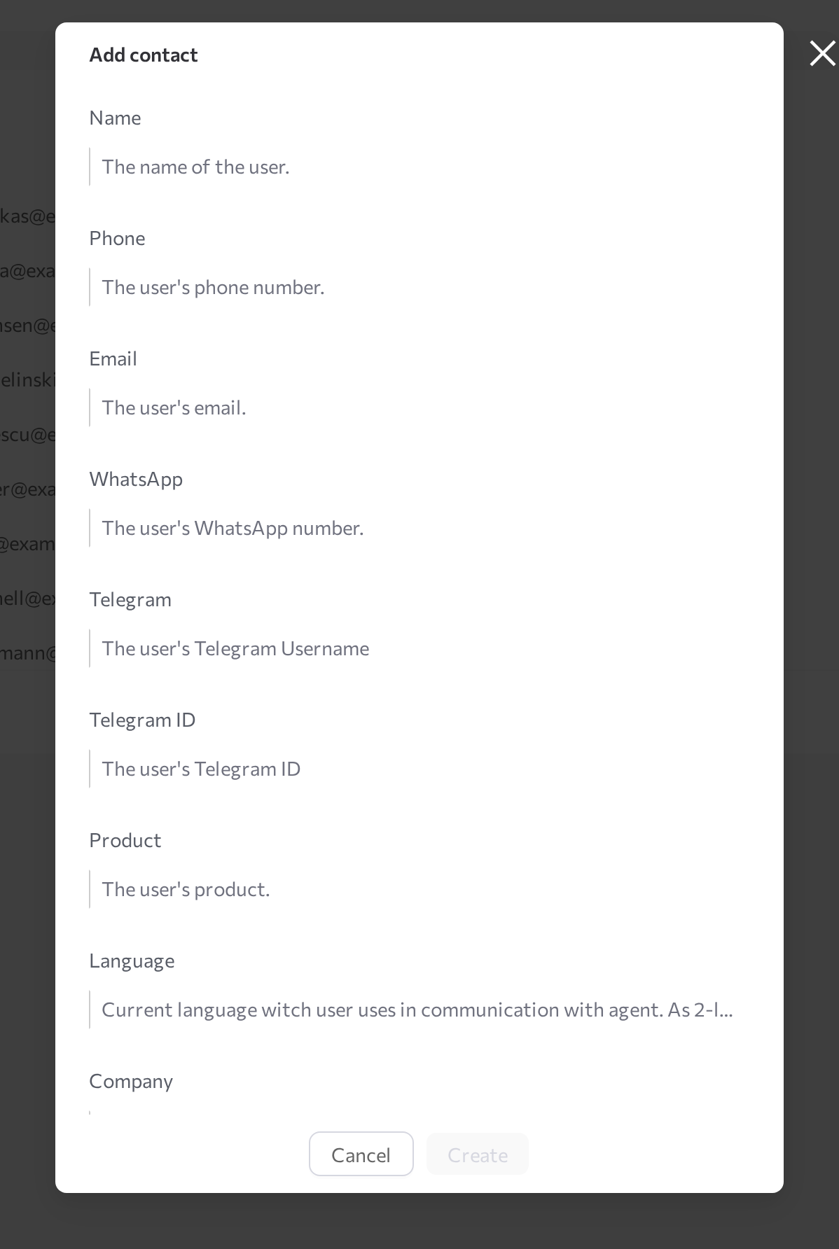 Add contact dialog with customer fields and the Create button
