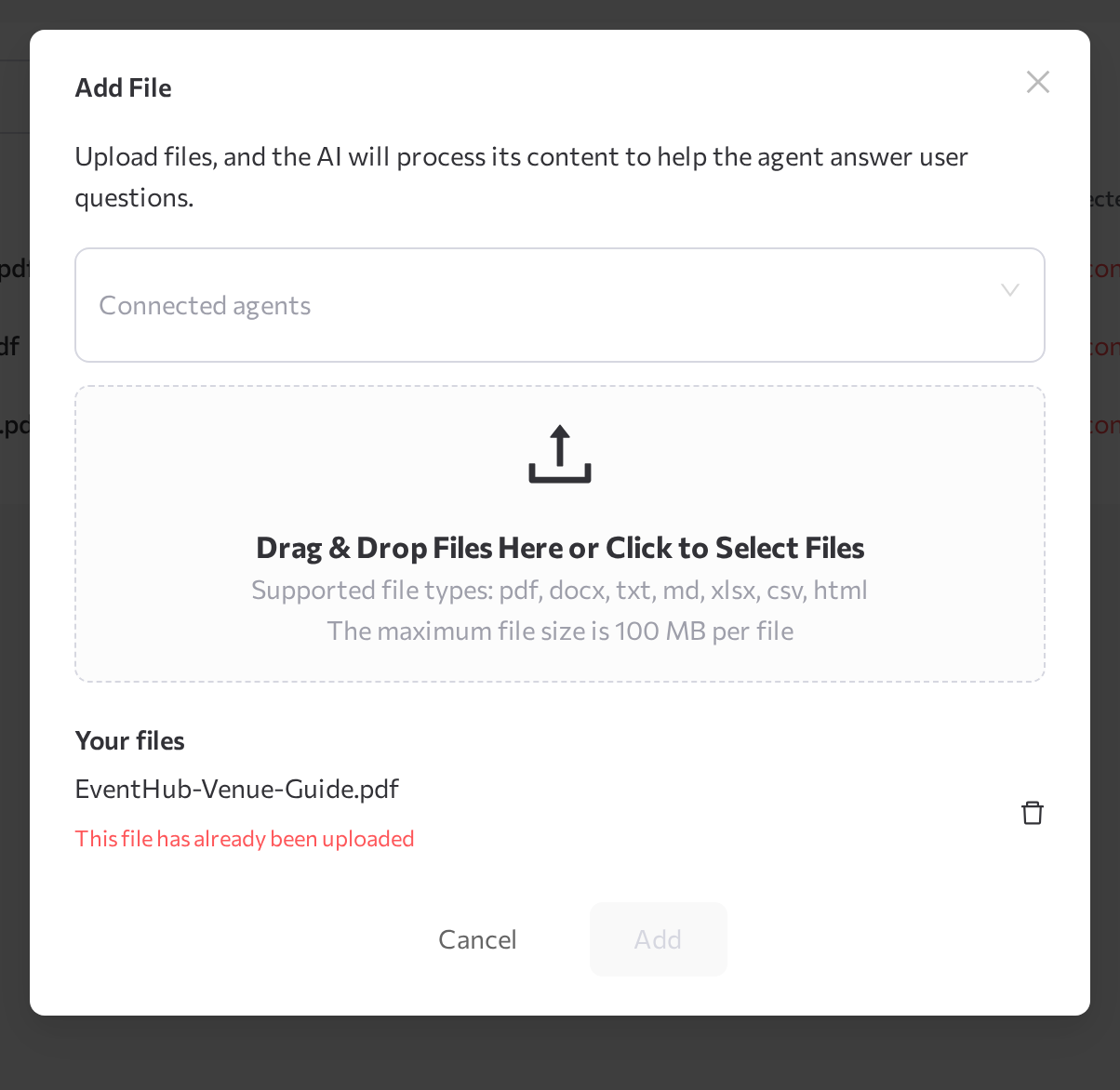 Add File window with the drop zone and a file selected