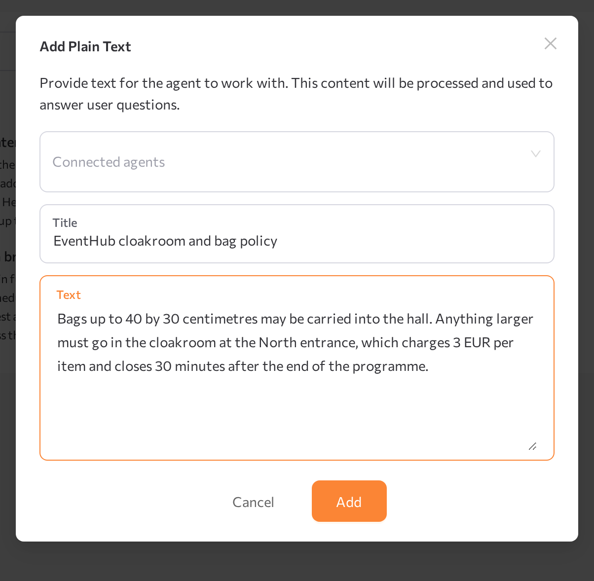 Add Plain Text window with Title and Text fields