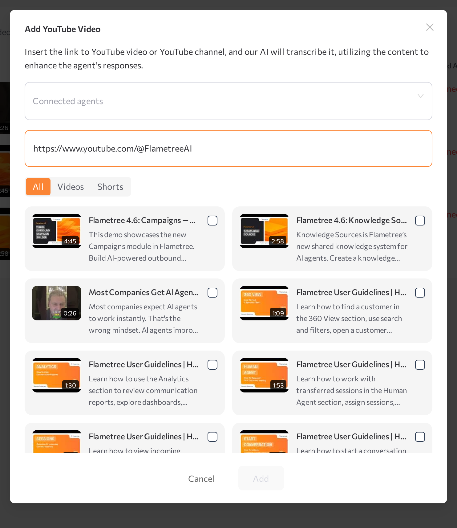 Add YouTube Video window showing a channel's video list with the All / Videos / Shorts filter