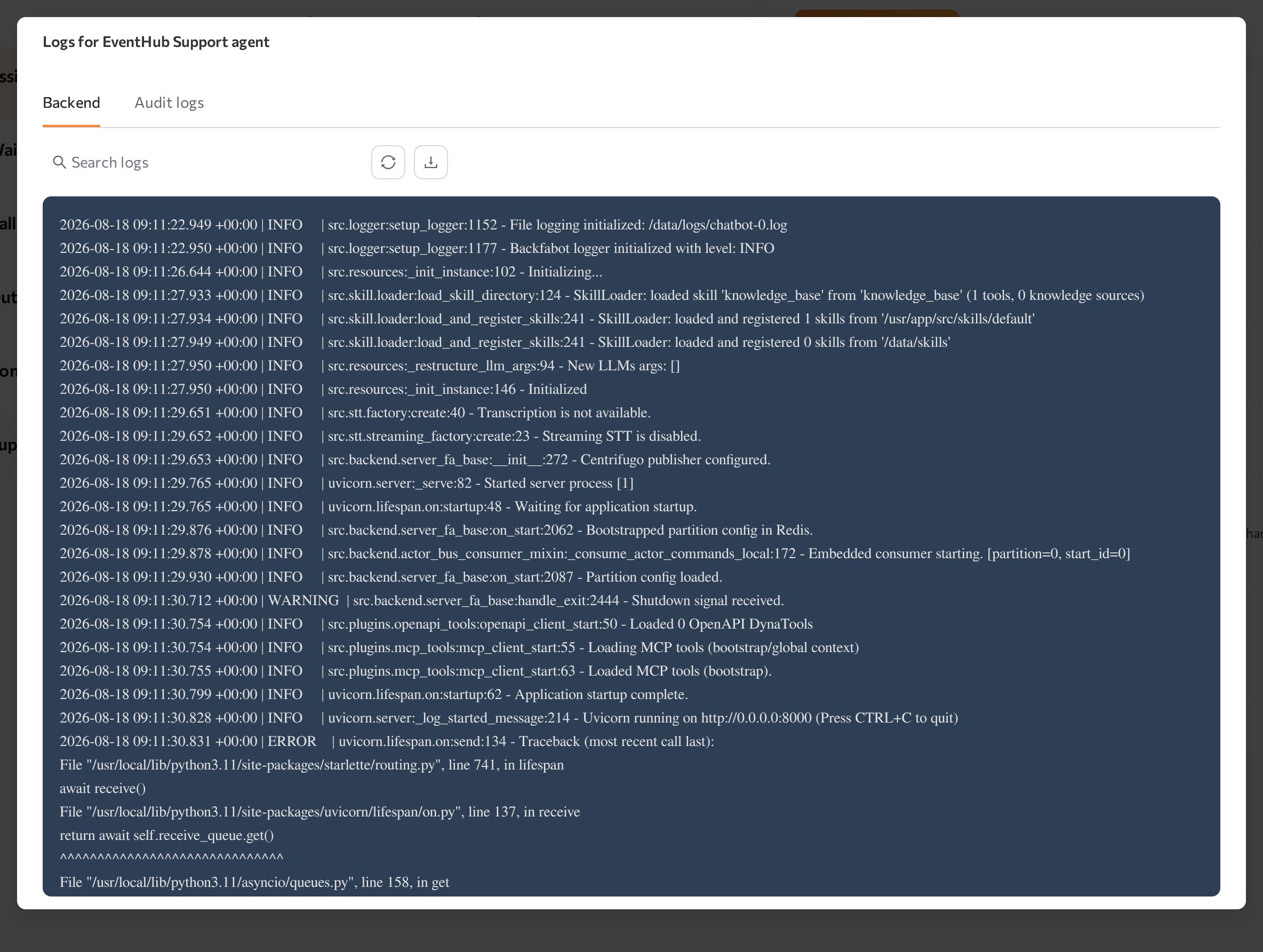 agent logs modal with tabs and the search field