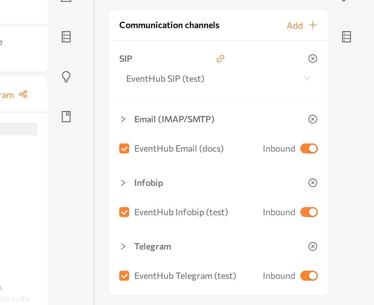 agent page Communication channels card with channel checkbox and Inbound switch