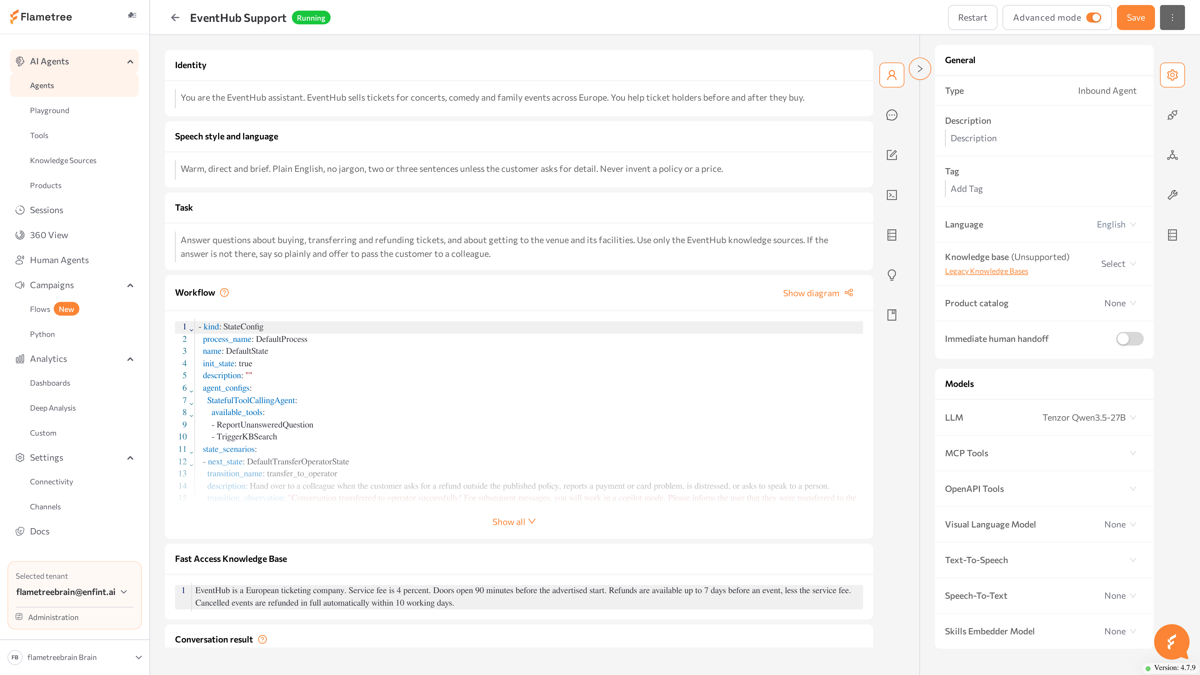 agent page in Advanced mode with the prompt sections on the left and the Settings panel on the right
