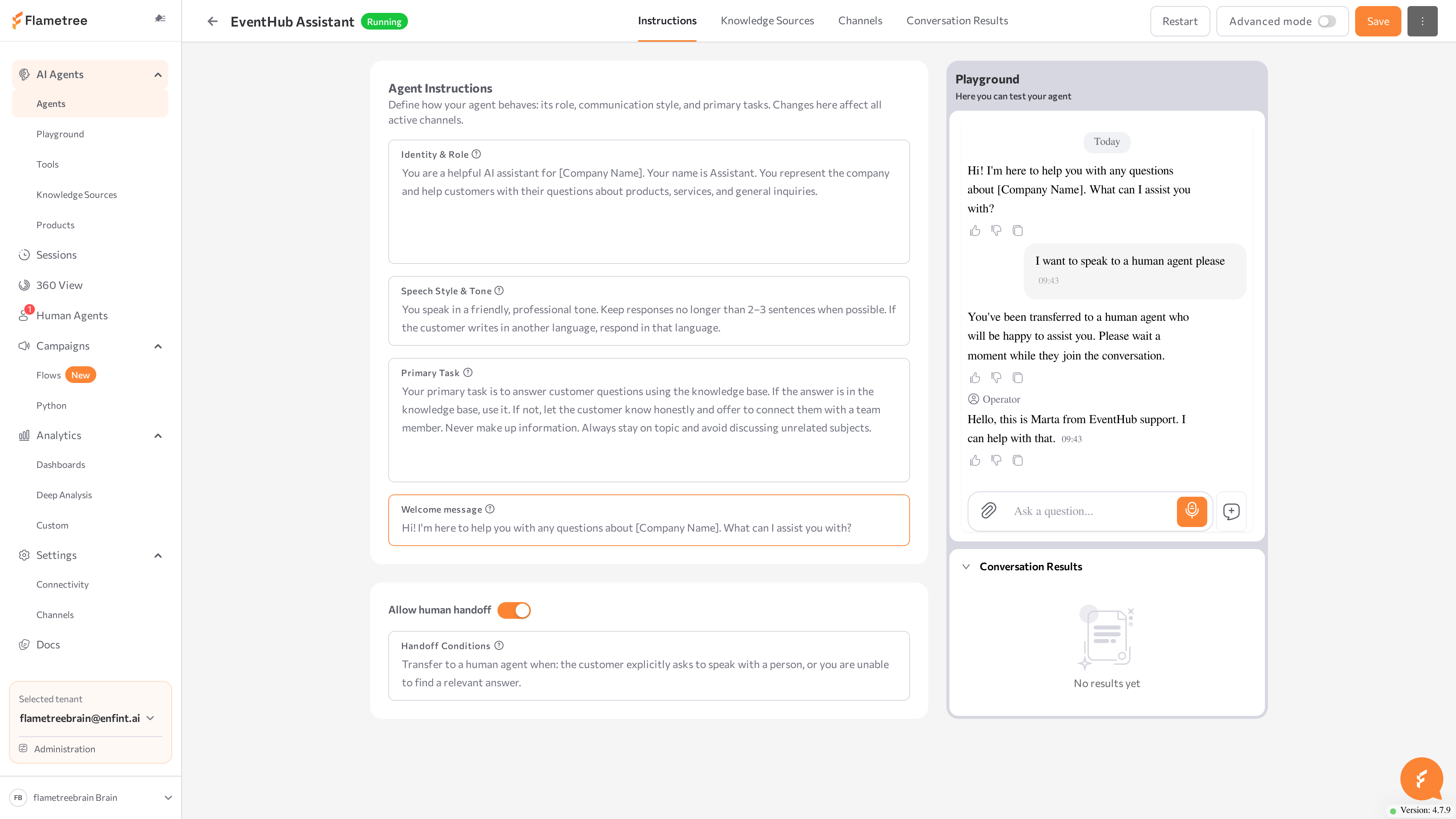 agent page in Simple mode with the four tabs and the Playground panel on the right