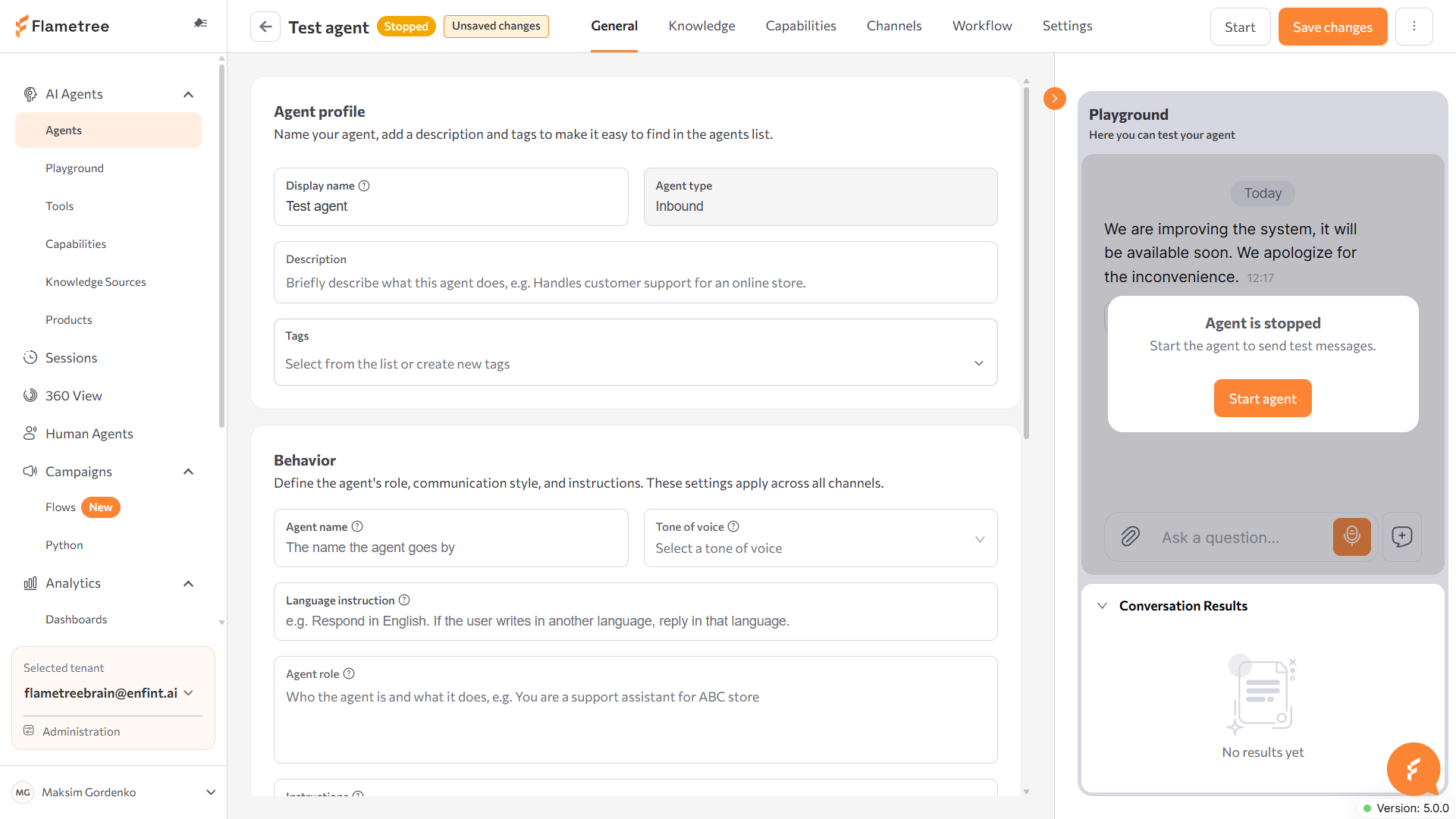 Agent page on the General tab with the Behavior fields and the Playground panel showing Start agent