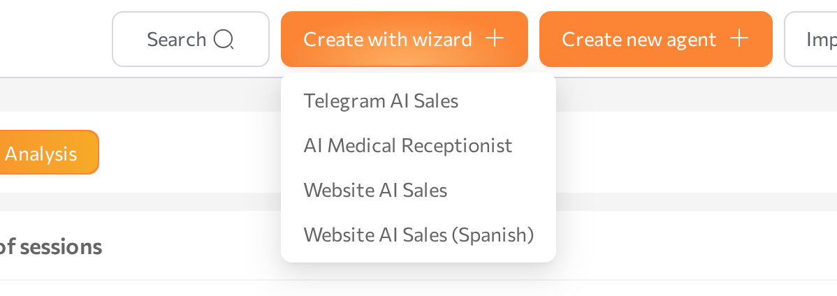 Agents page with the Create with wizard dropdown open