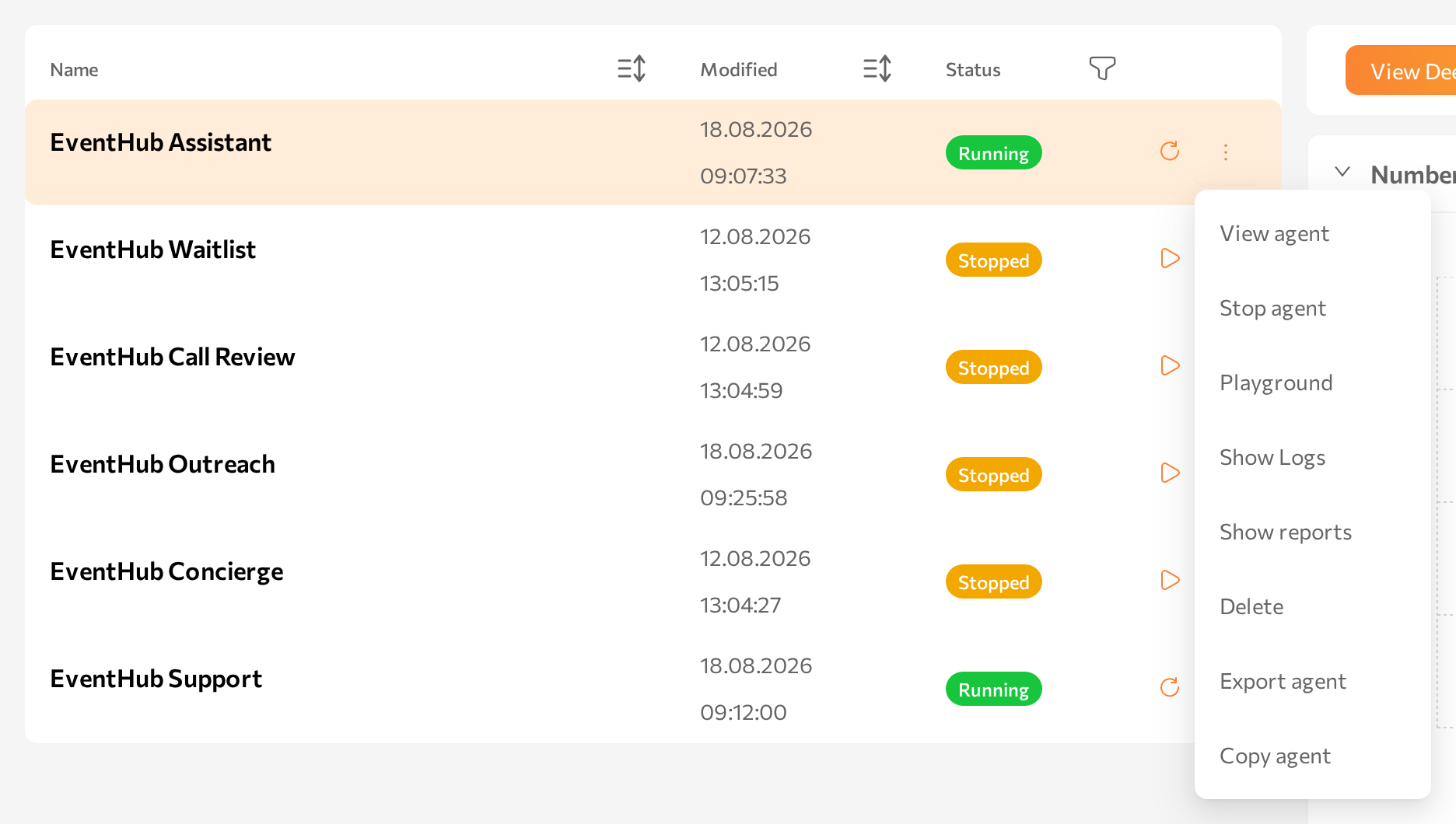 Agents table with the row actions menu open