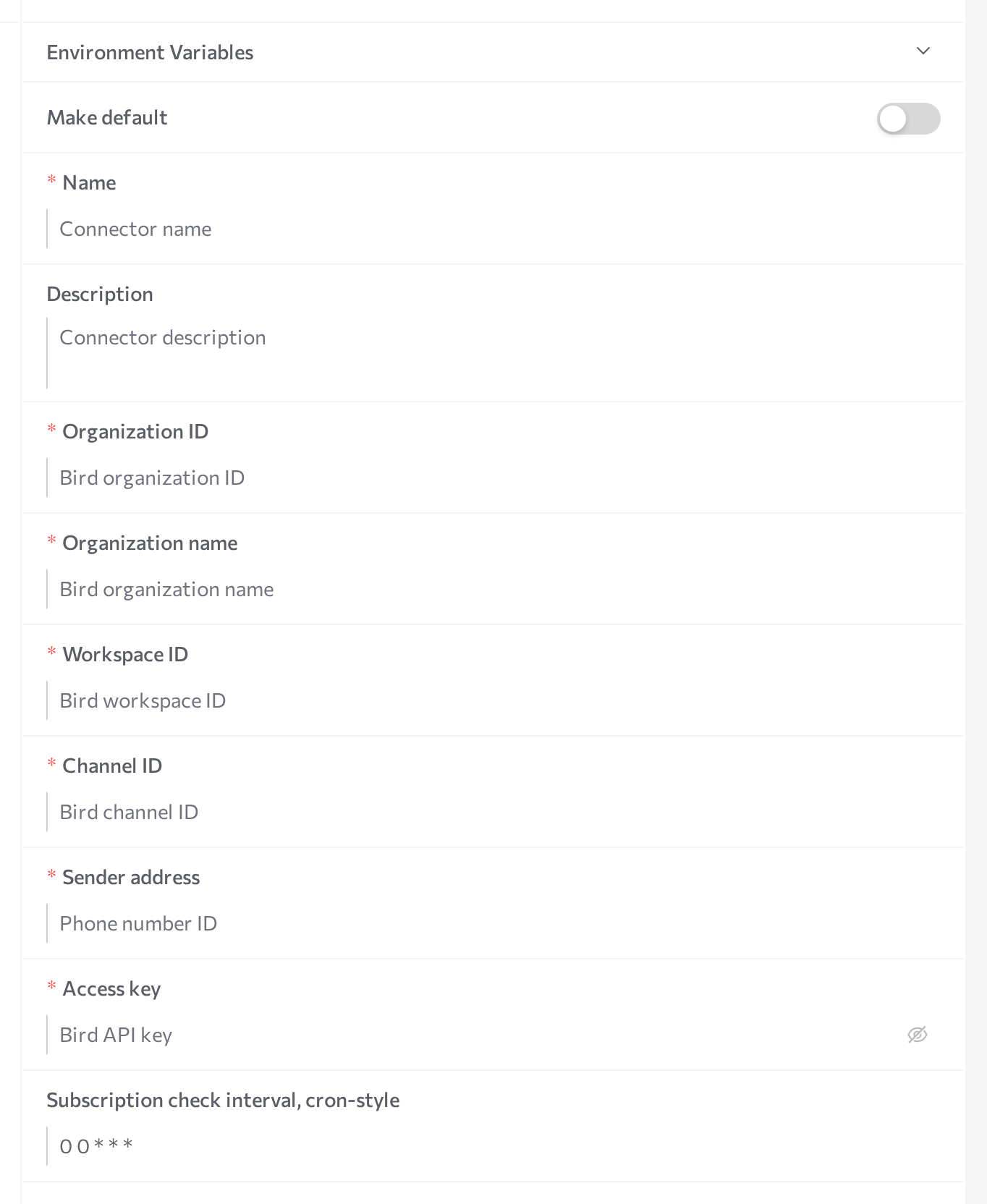Bird New connector form with the Organization, Workspace, Channel, Sender address, and Access key fields