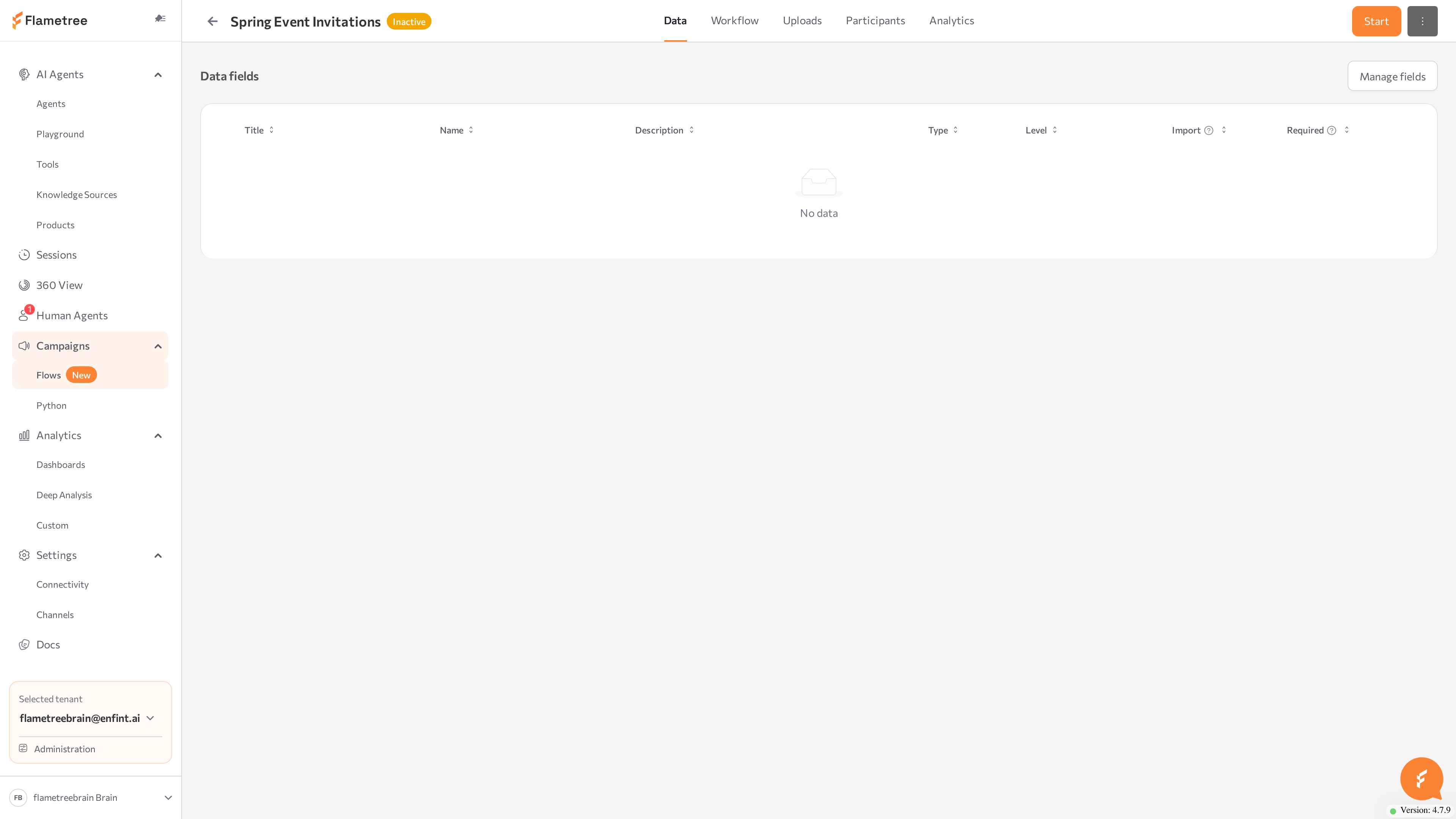campaign header with the status tag, the Start button, and the more menu