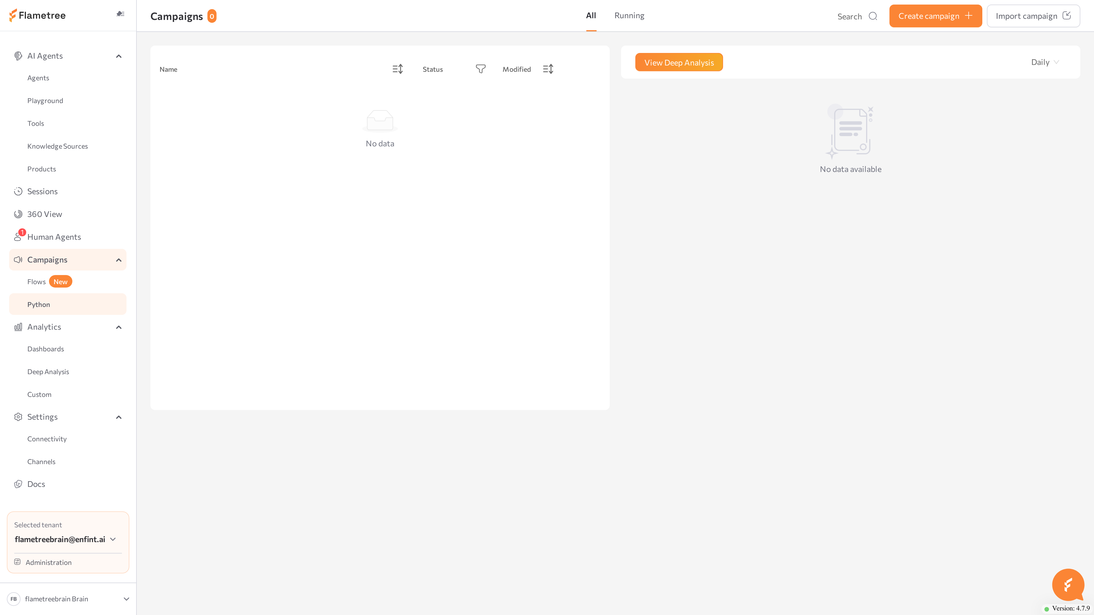 Campaigns > Python list with the All / Running tabs and the analytics panel on the right