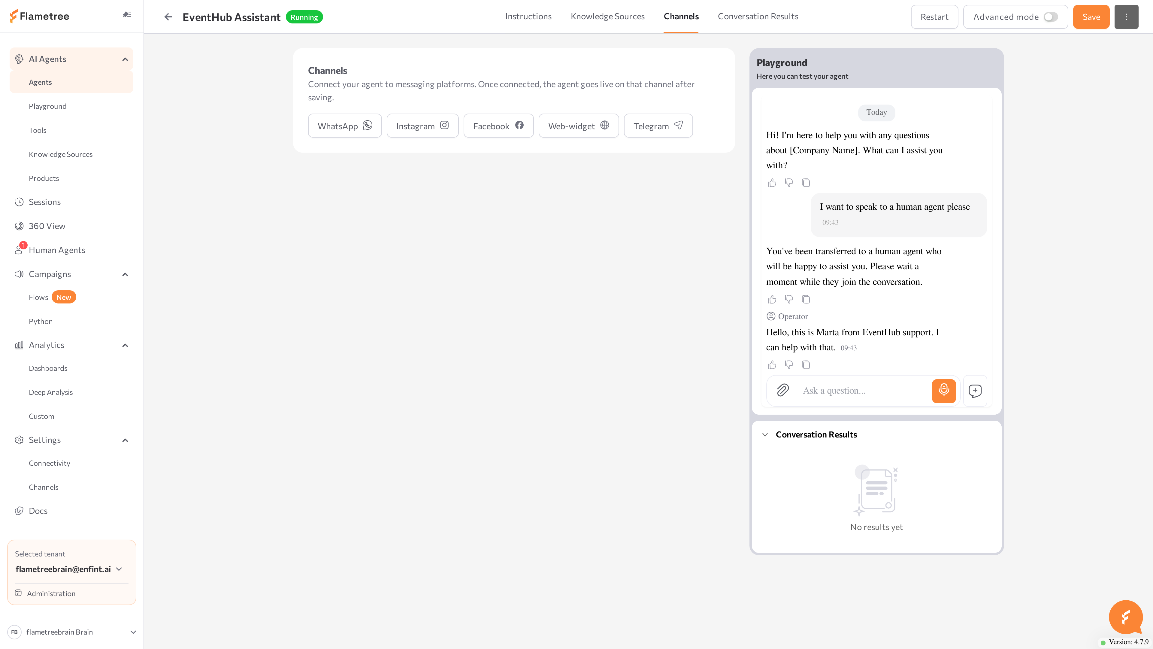 Channels tab with WhatsApp, Web-widget, and Telegram buttons and one connected channel row