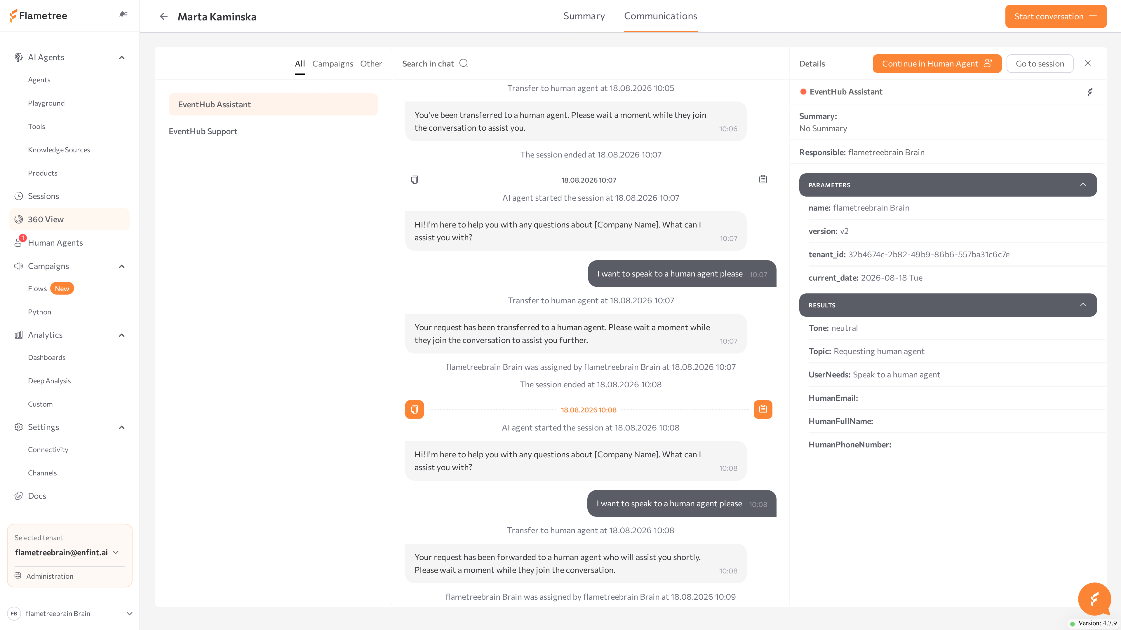 Communications tab with campaign list, aggregated chat, and Details panel