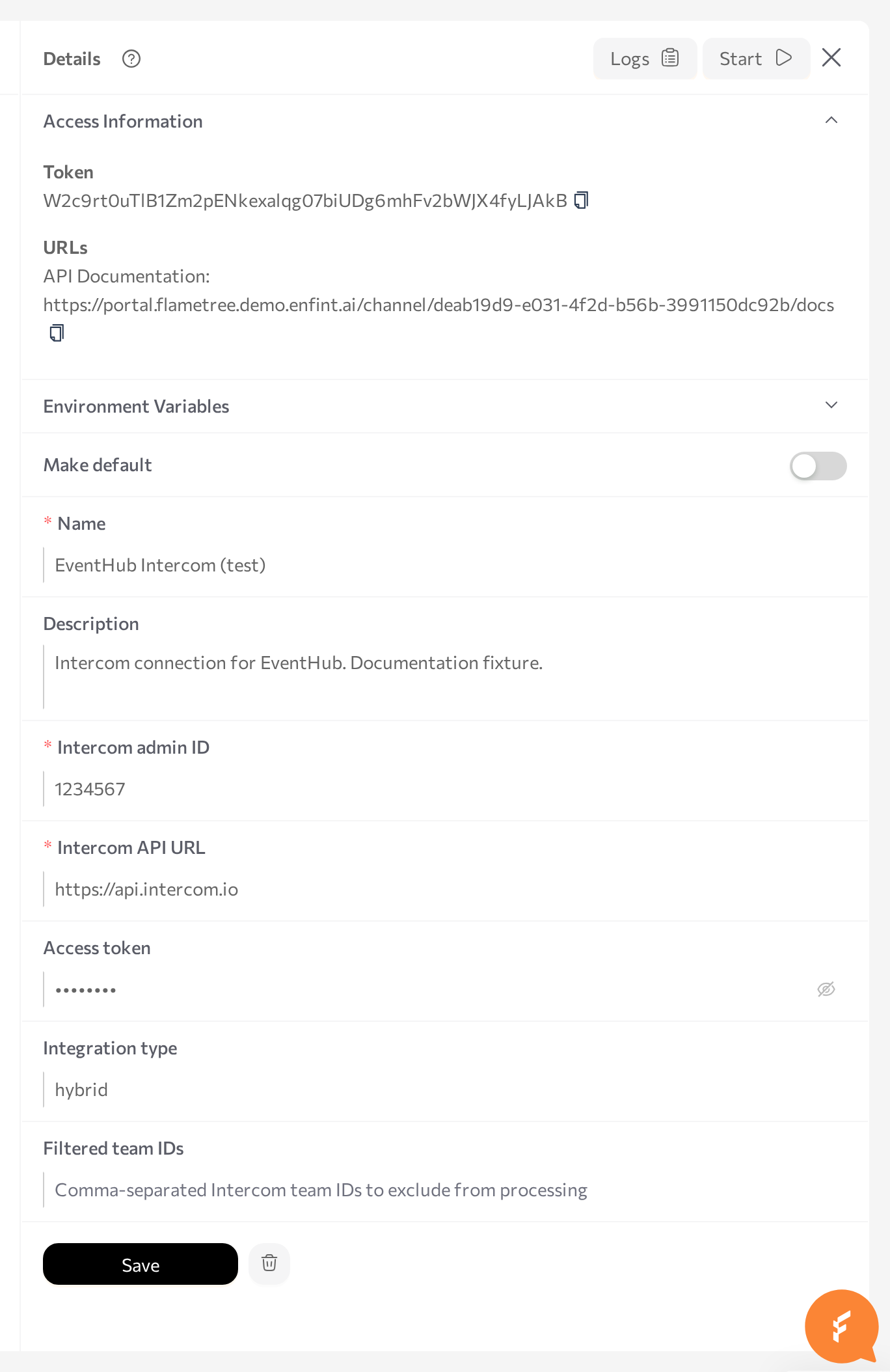 connection details panel with Access Information expanded showing the API Documentation address