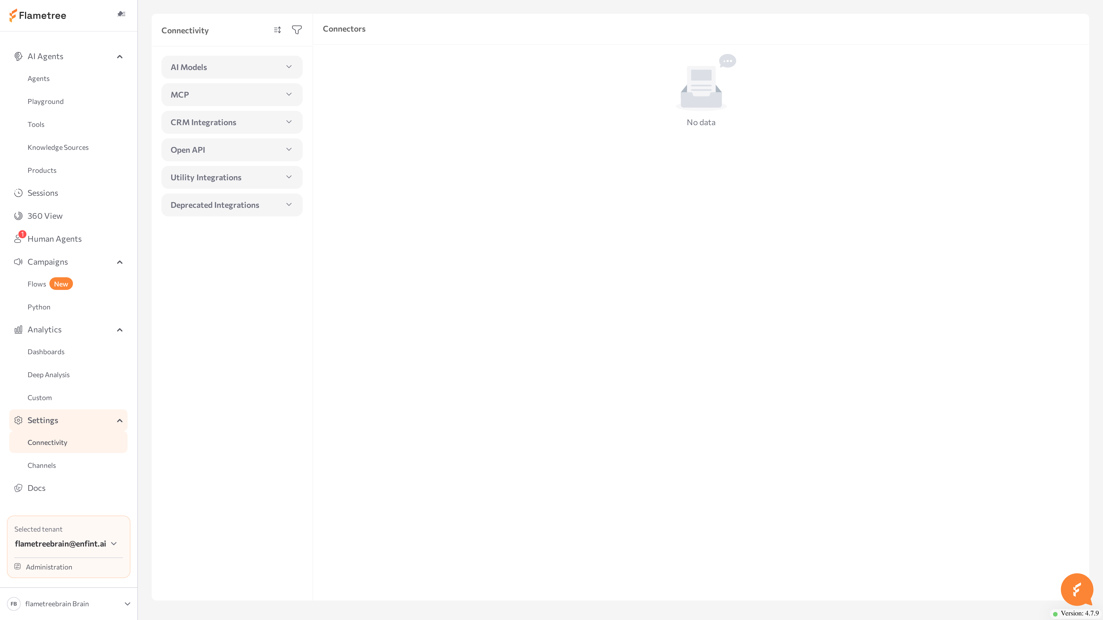 Connectivity screen with the three panels — integration categories, connectors, and details