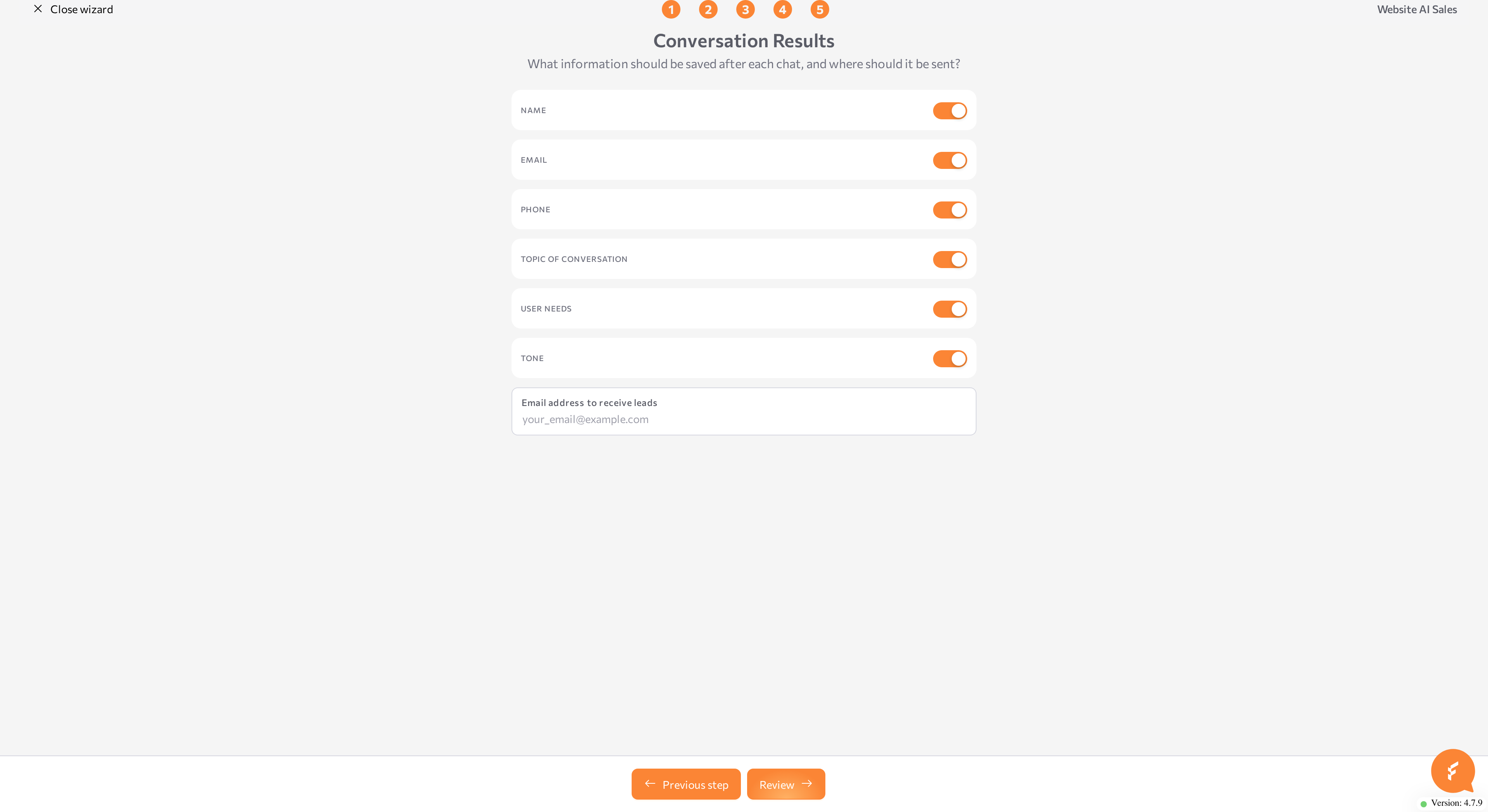 Conversation Results step with the toggles and the lead email field