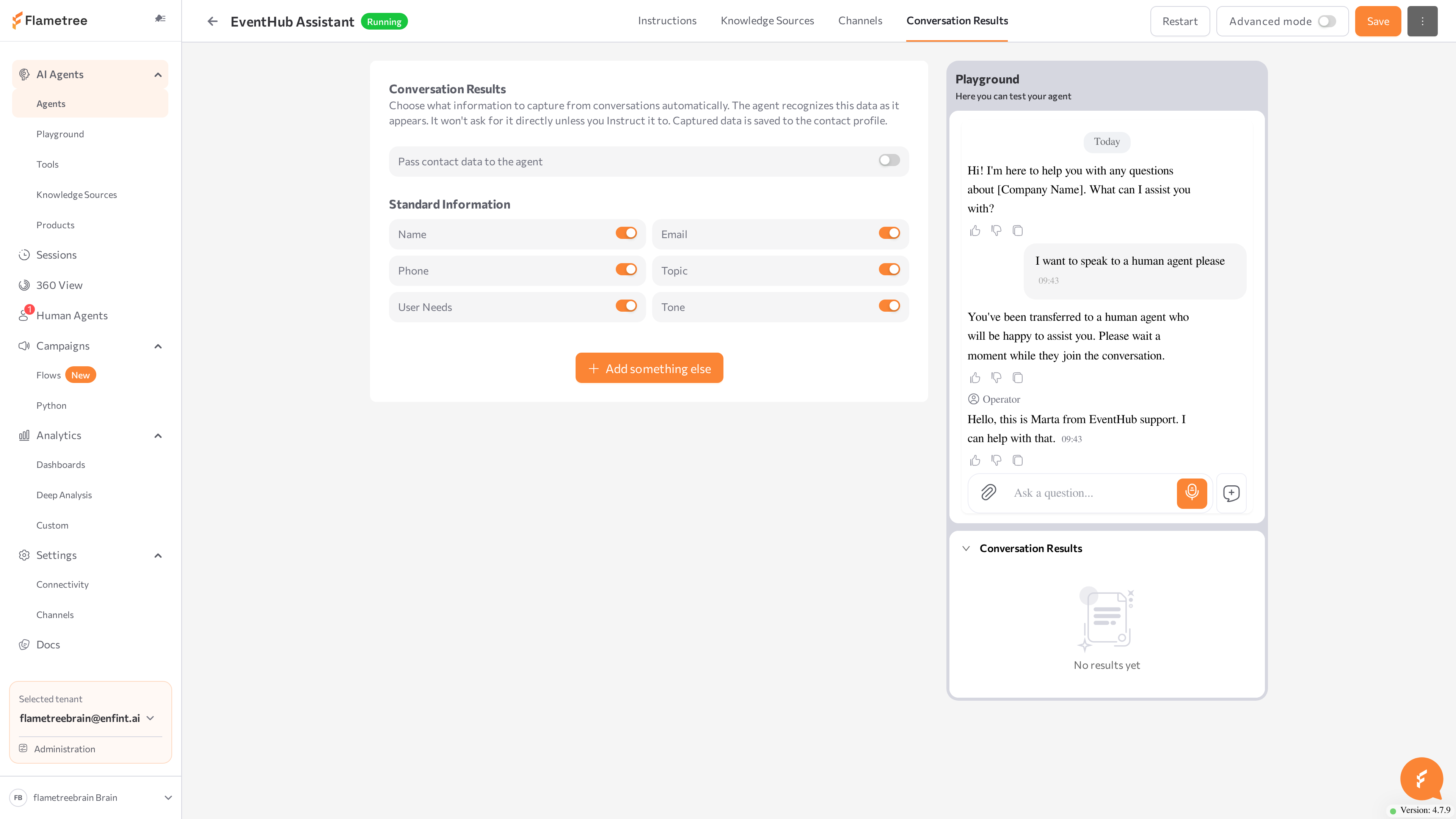 Conversation Results tab with Standard Information toggles and Custom Fields list