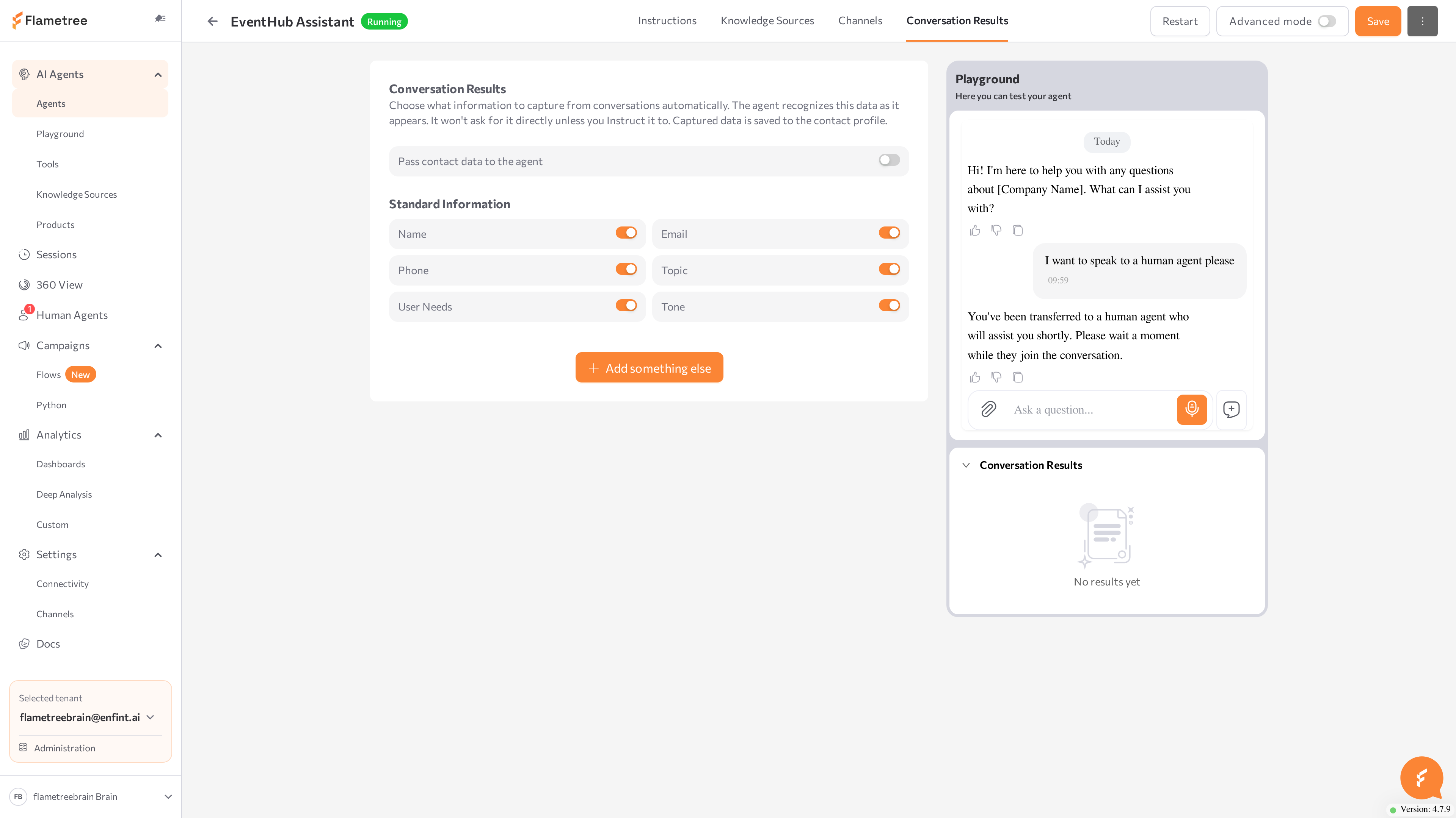 Conversation Results tab with the standard fields on and a custom field added