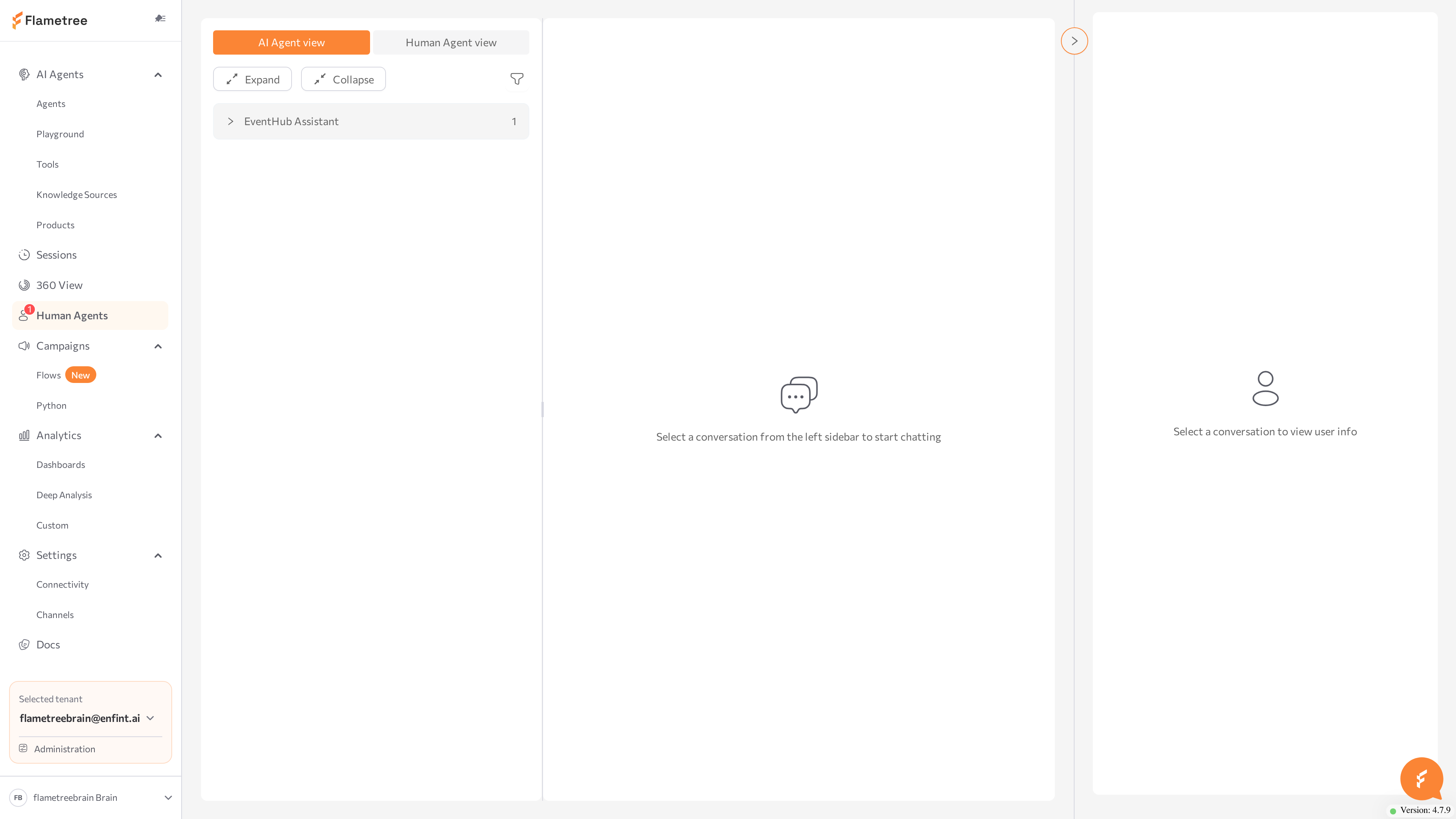 conversations list grouped by AI agent, with unread badges and an Unassigned conversation