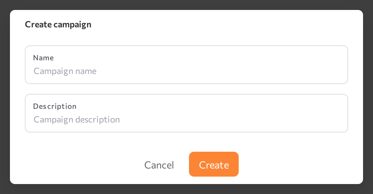 Create campaign dialog with Name and Description fields