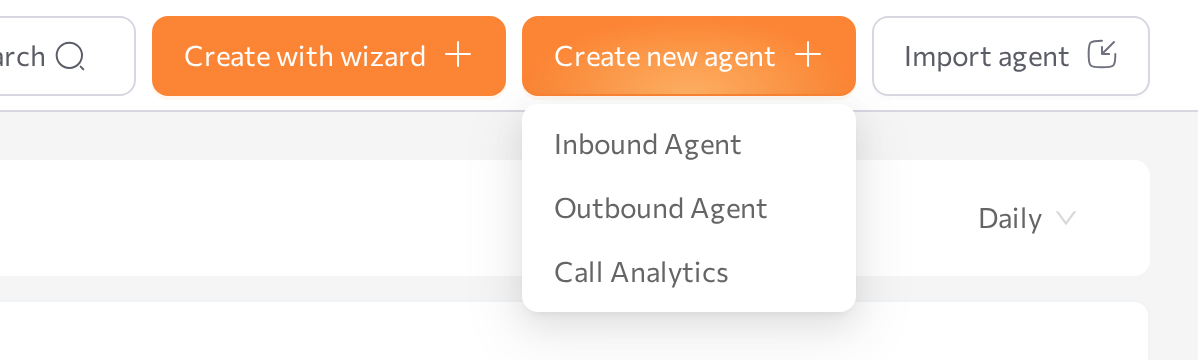 Create new agent dropdown with Inbound Agent, Outbound Agent, Call Analytics