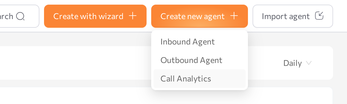 Create new agent dropdown with the Call Analytics option highlighted