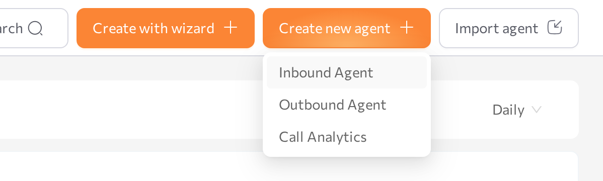 Create new agent dropdown with the Inbound Agent type selected