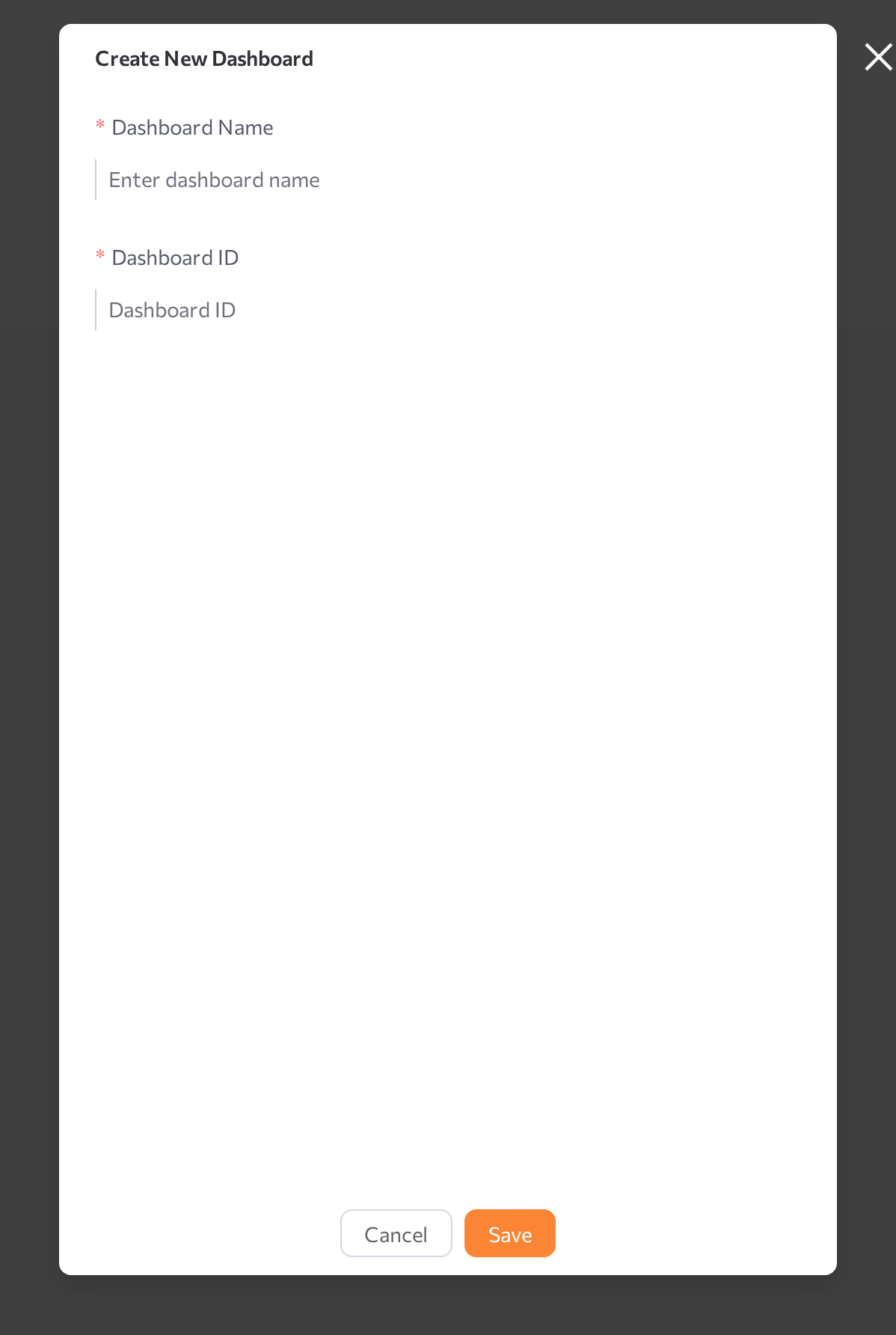 Create New Dashboard window with Dashboard Name and Dashboard ID fields