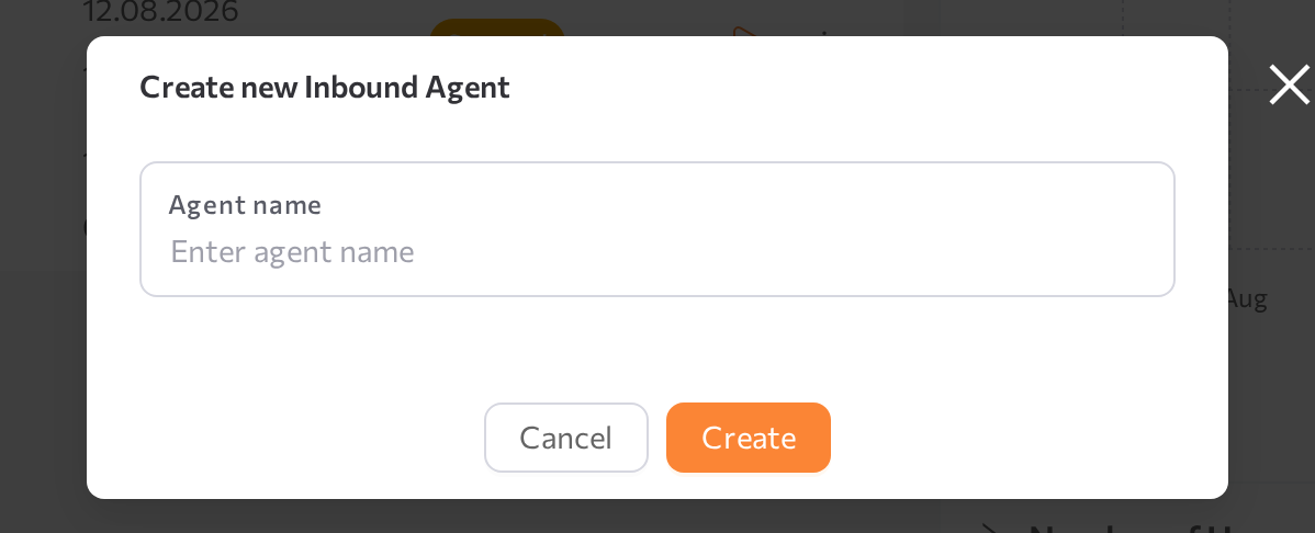 Create new Inbound Agent modal with the Agent name field