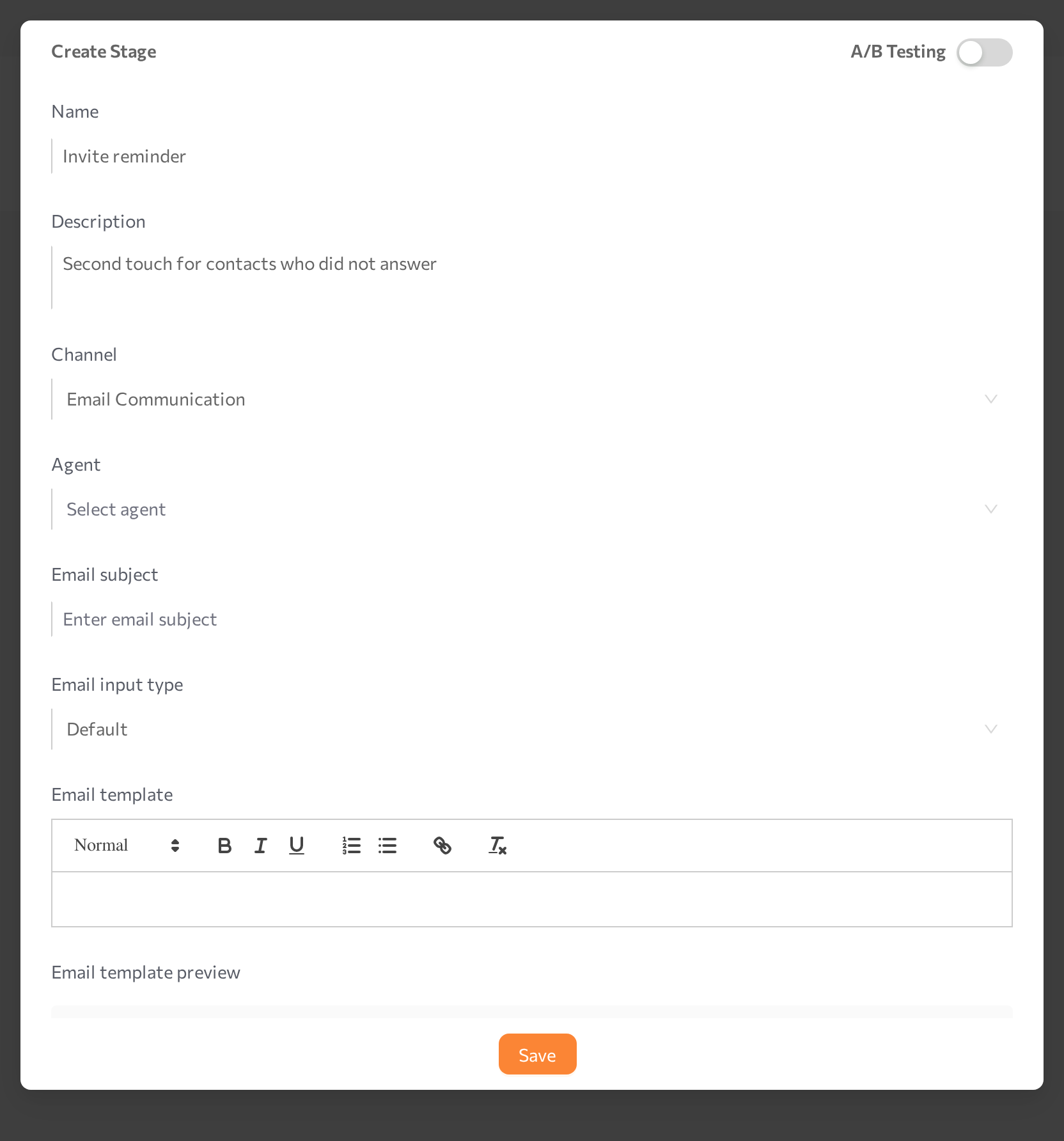 Create Stage dialog with Channel, Agent, and channel-specific fields