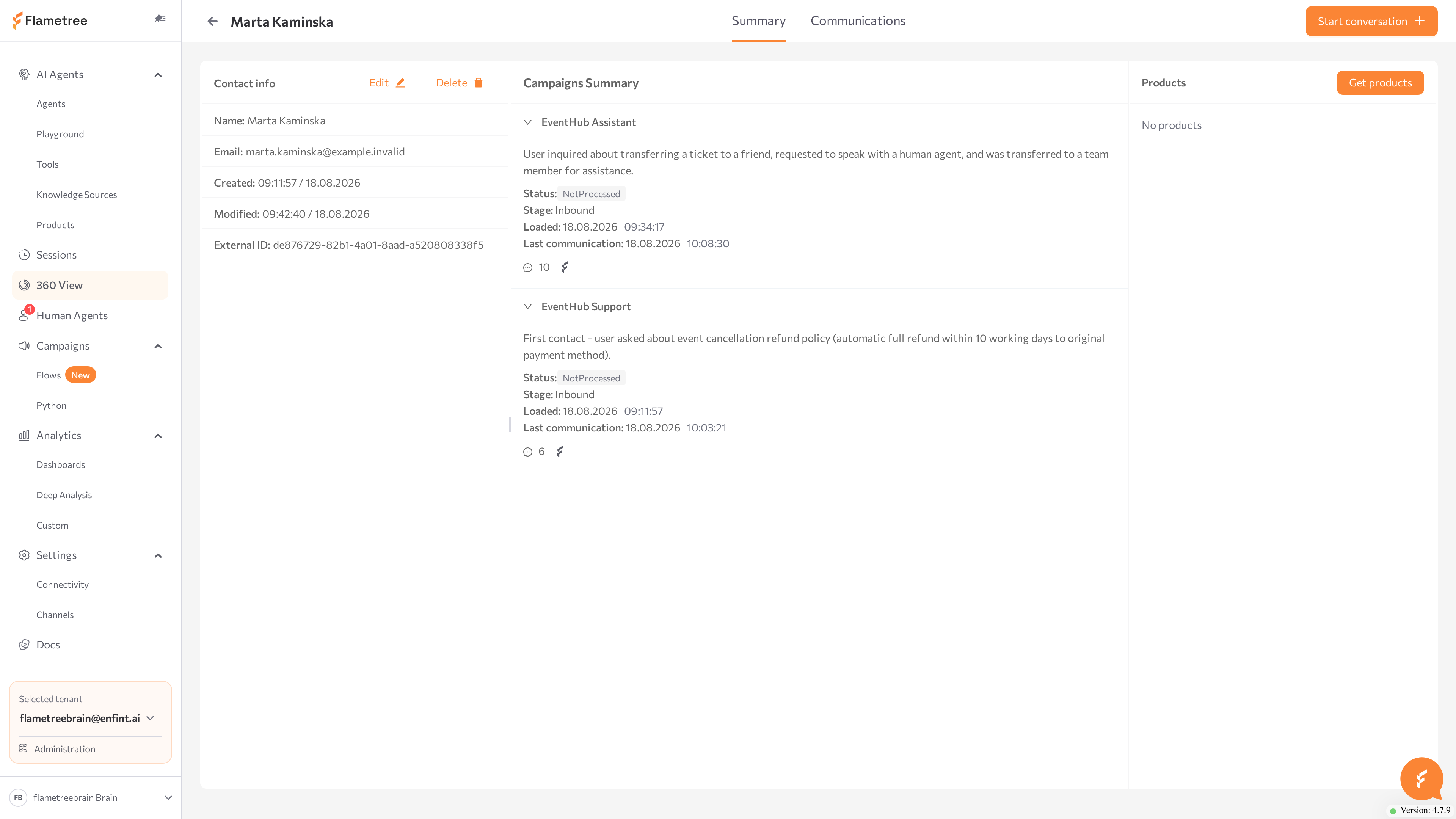 customer profile header with Summary and Communications tabs and the Start conversation button