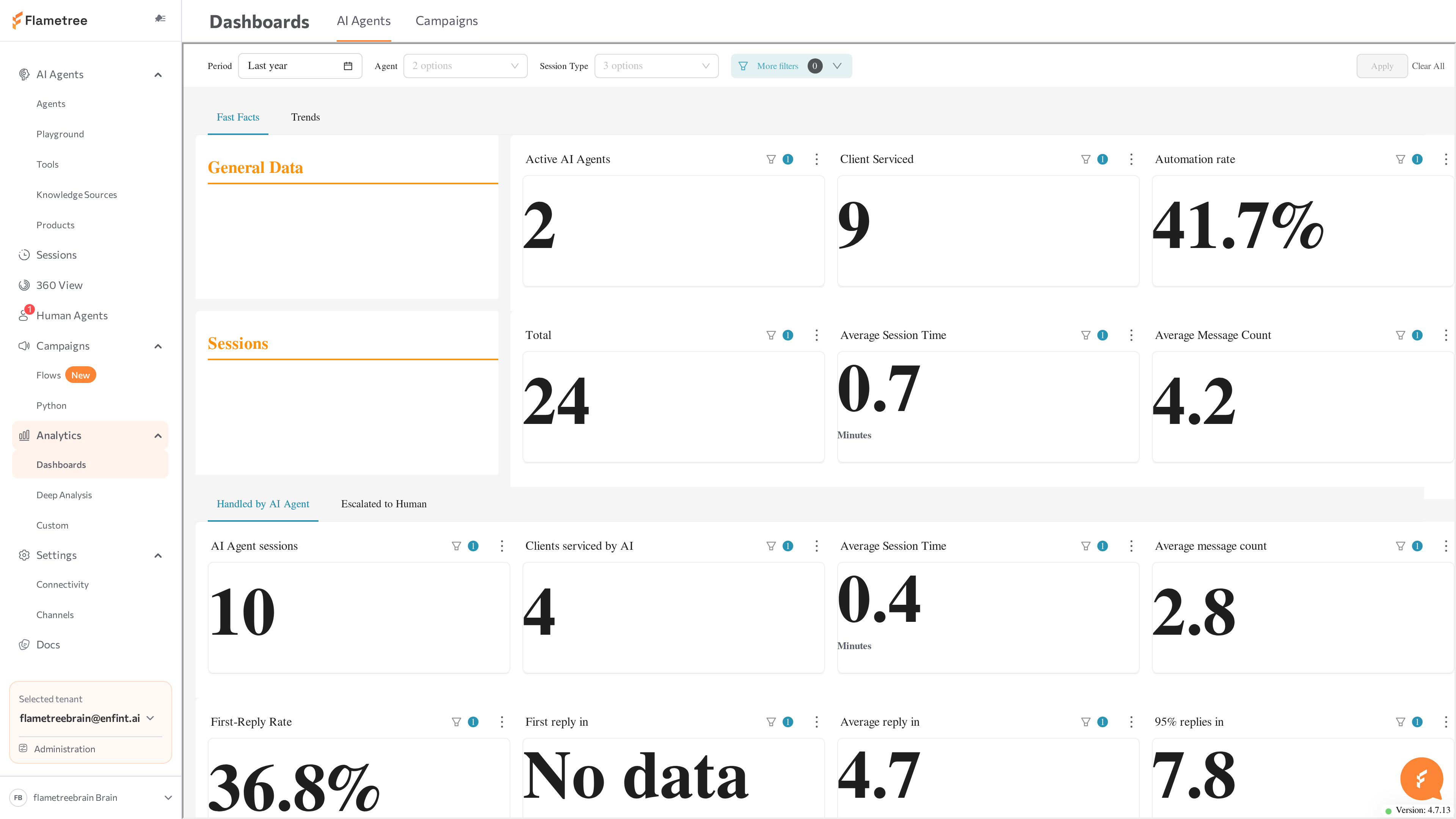 Dashboards page with the Agents tab open and the filter panel expanded