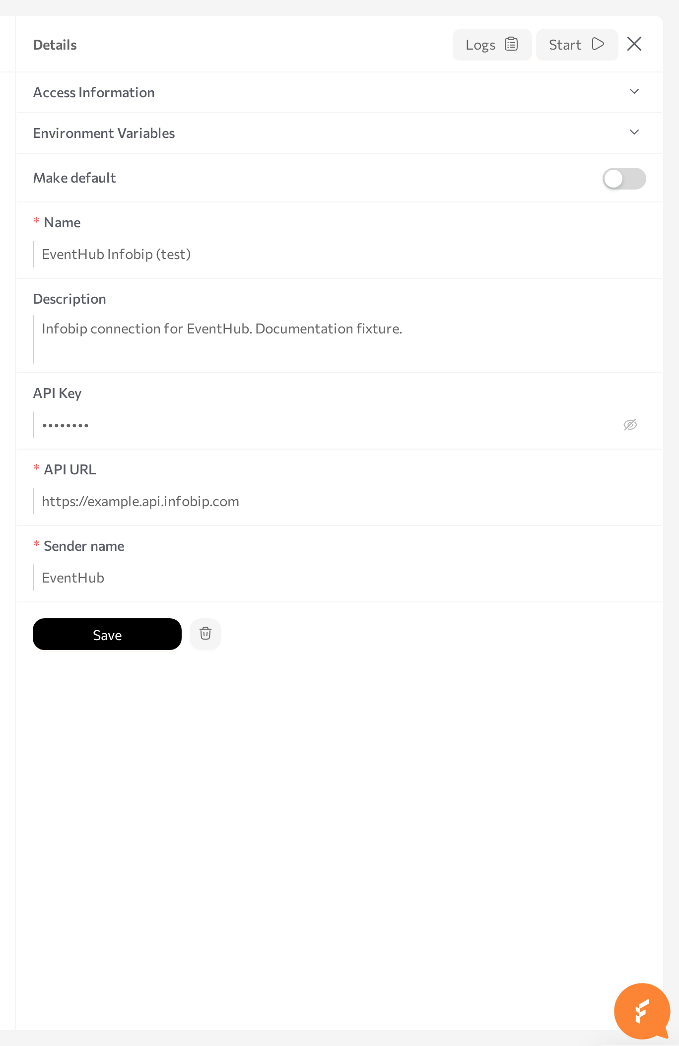 Details panel header with Logs and Start buttons