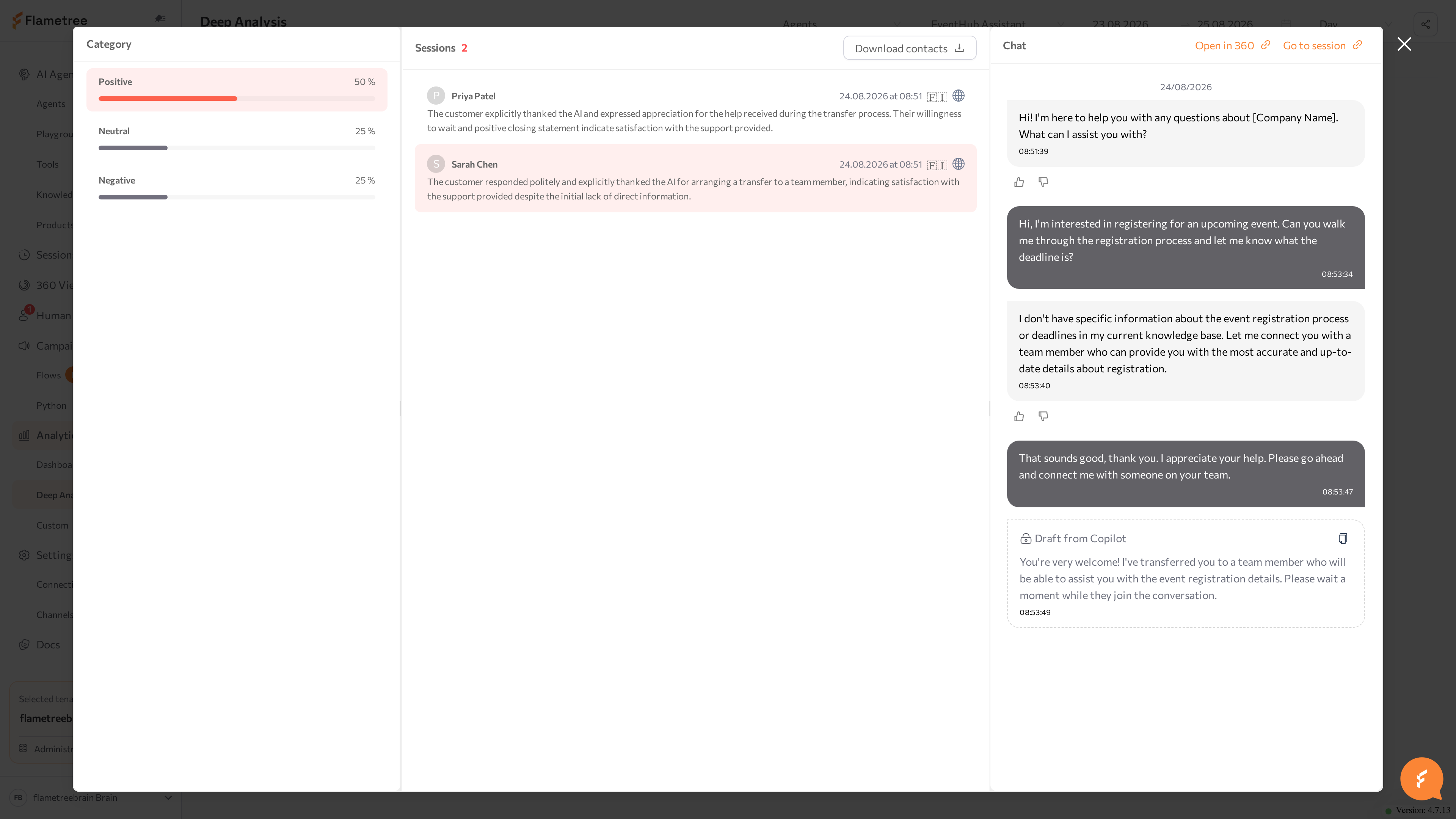 Details view with the Category, Sessions, and Chat panels and a selected session