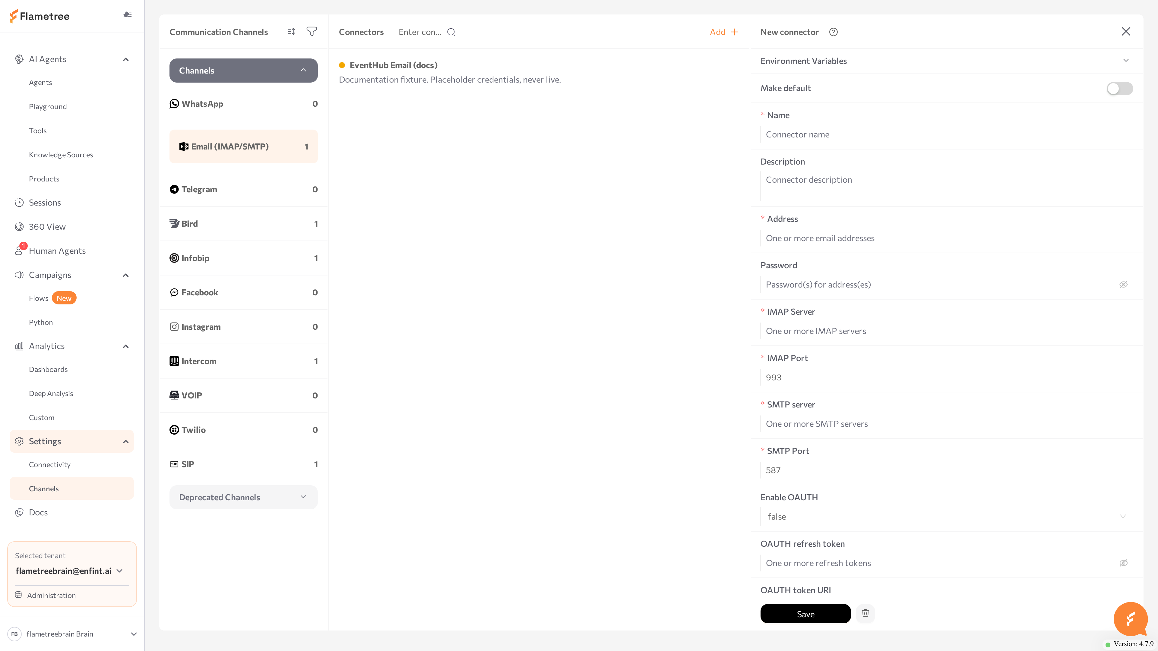 Email (IMAP/SMTP) New connector form with Address, Password, and the IMAP/SMTP server fields