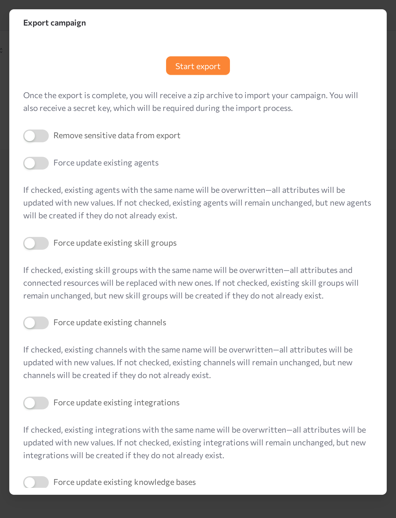 Export campaign dialog with the secret key and Copy to clipboard