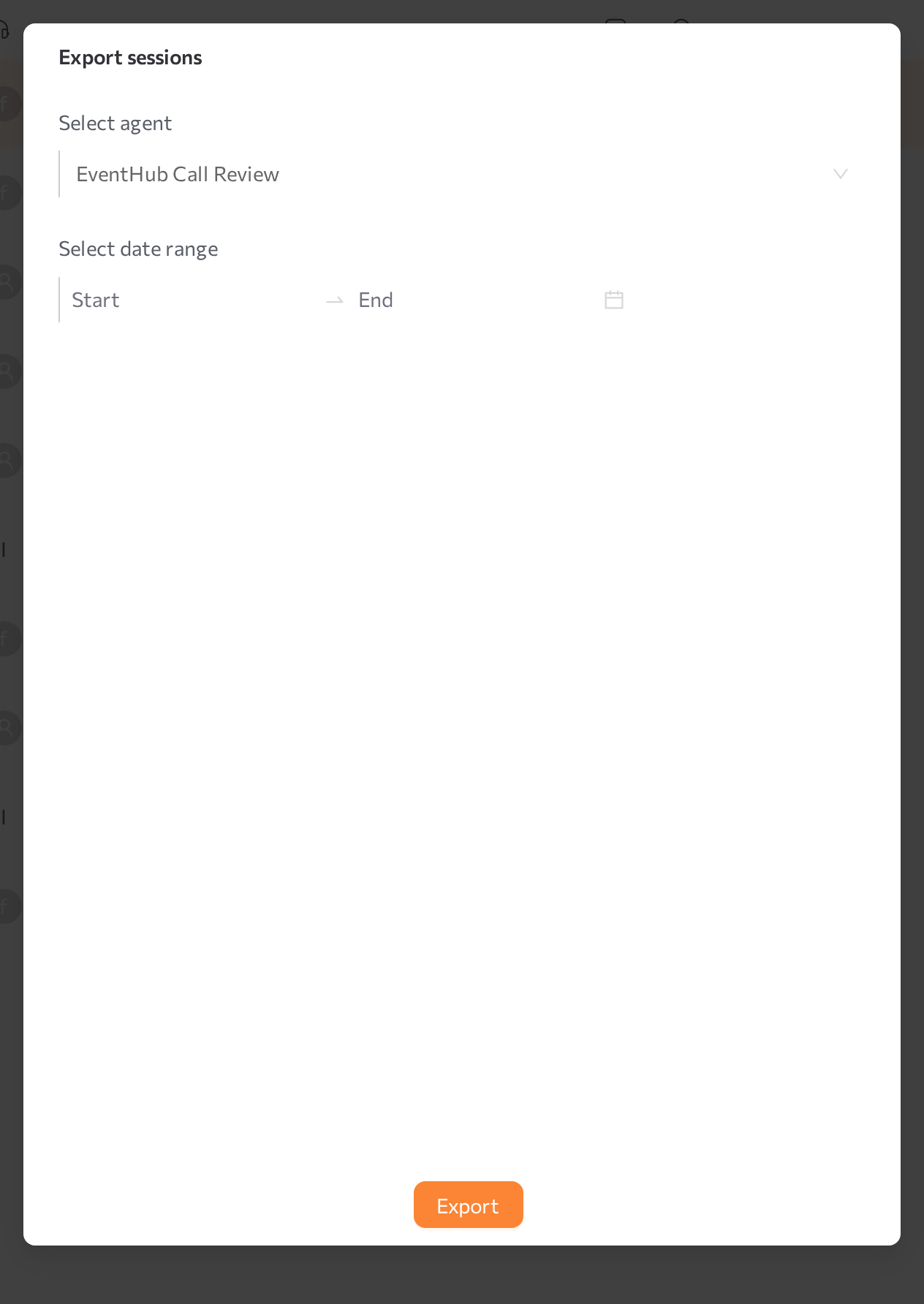 Export sessions dialog with an agent selected and a date range set