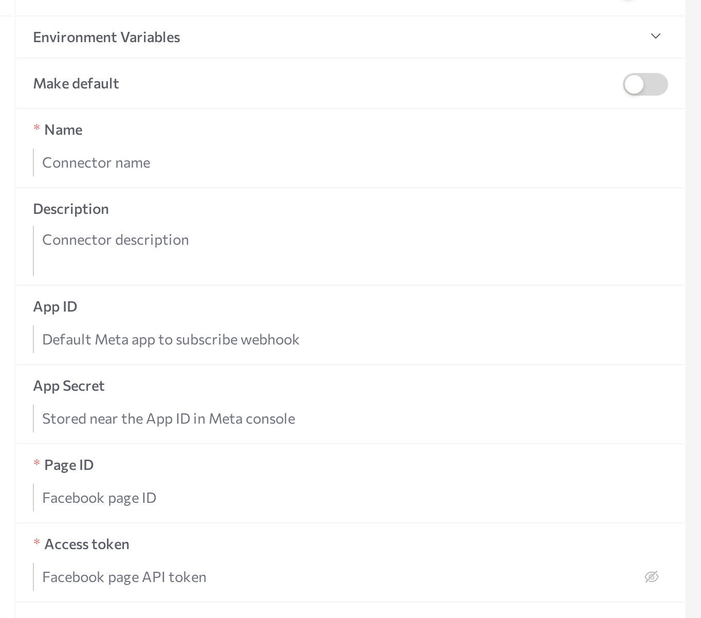 Facebook New connector form in Advanced mode with App ID, App Secret, Page ID, and Access token