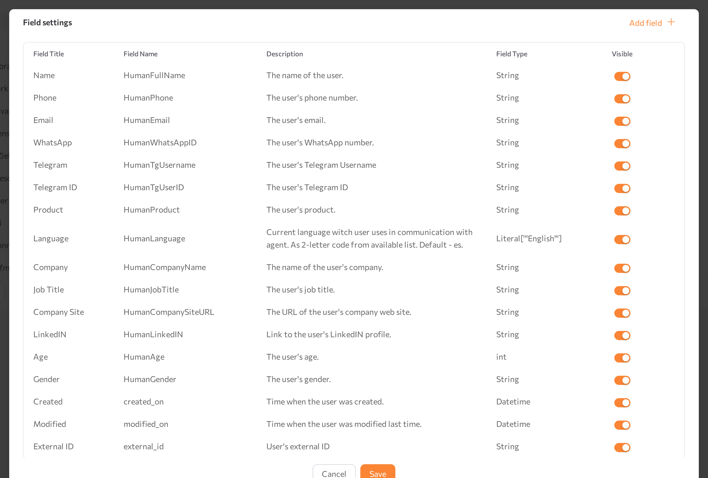 Field settings modal with the field table and Add field button