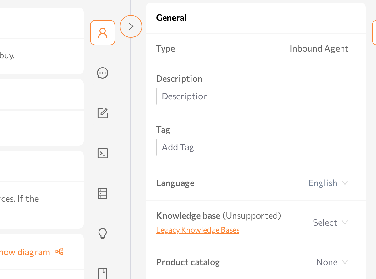 General card on the agent page with the Product catalog field expanded