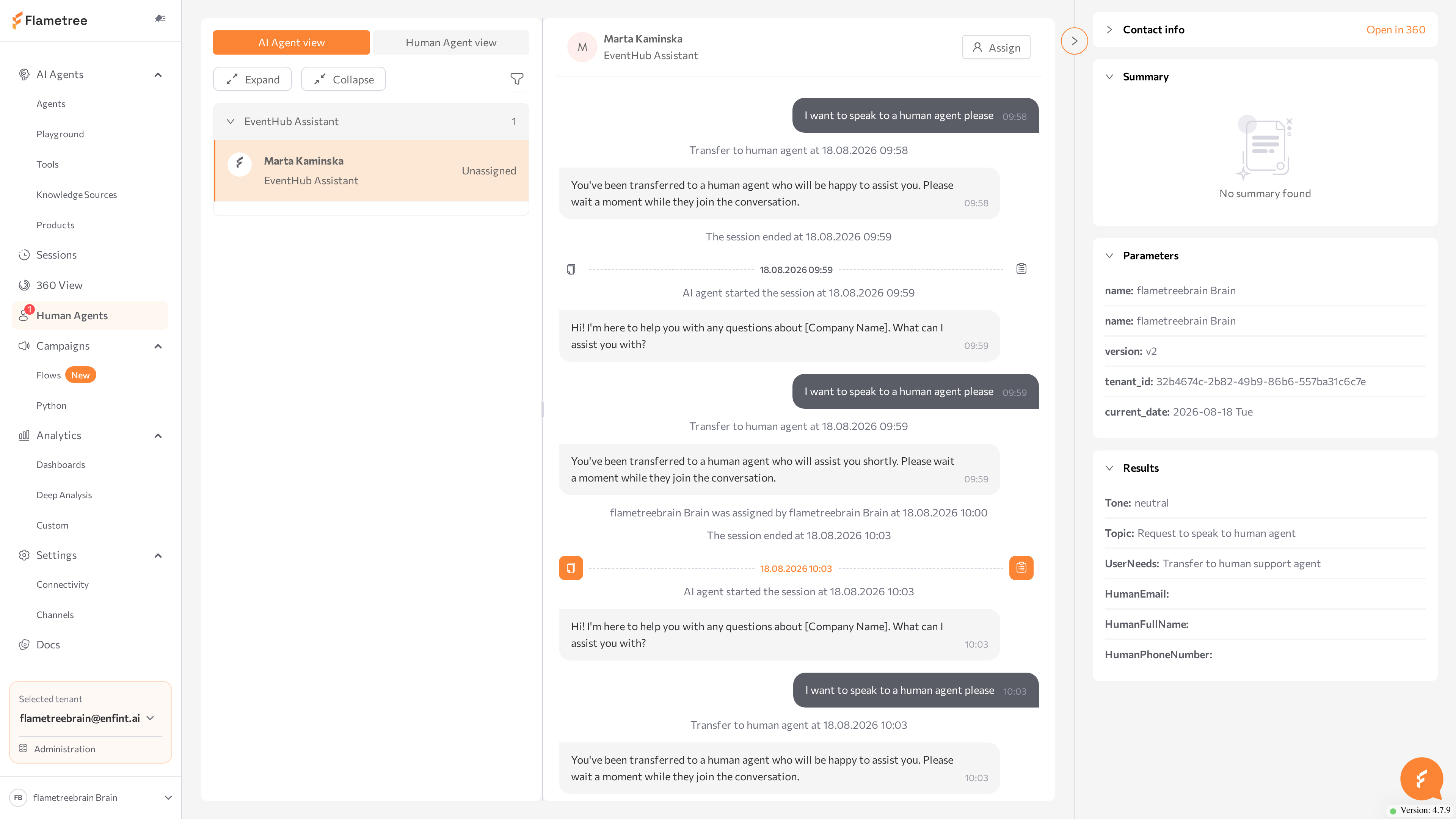 Human Agents workspace with the conversations list, chat, and Information panel