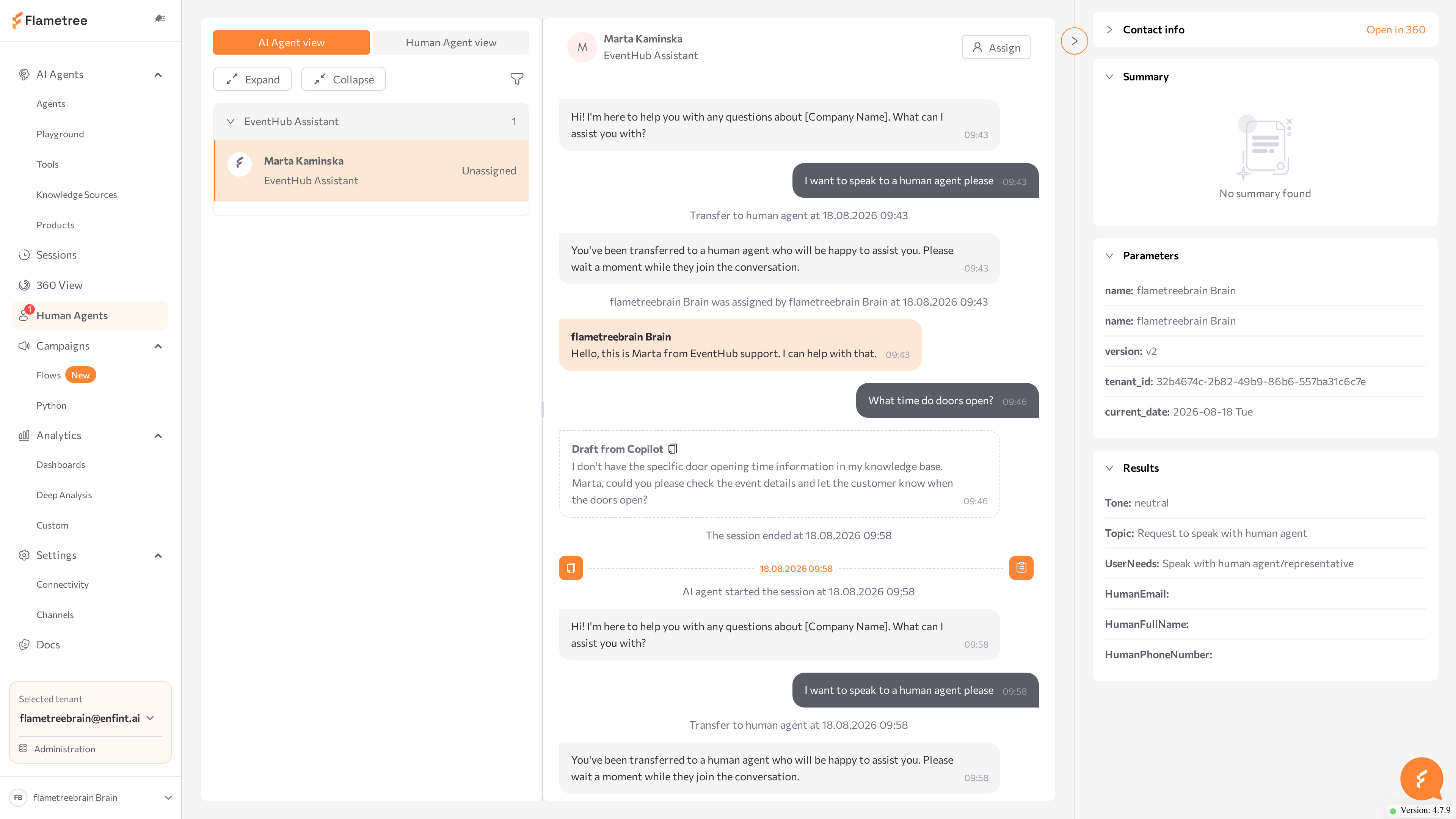 Human Agents workspace with the escalated conversation card and the conversations list