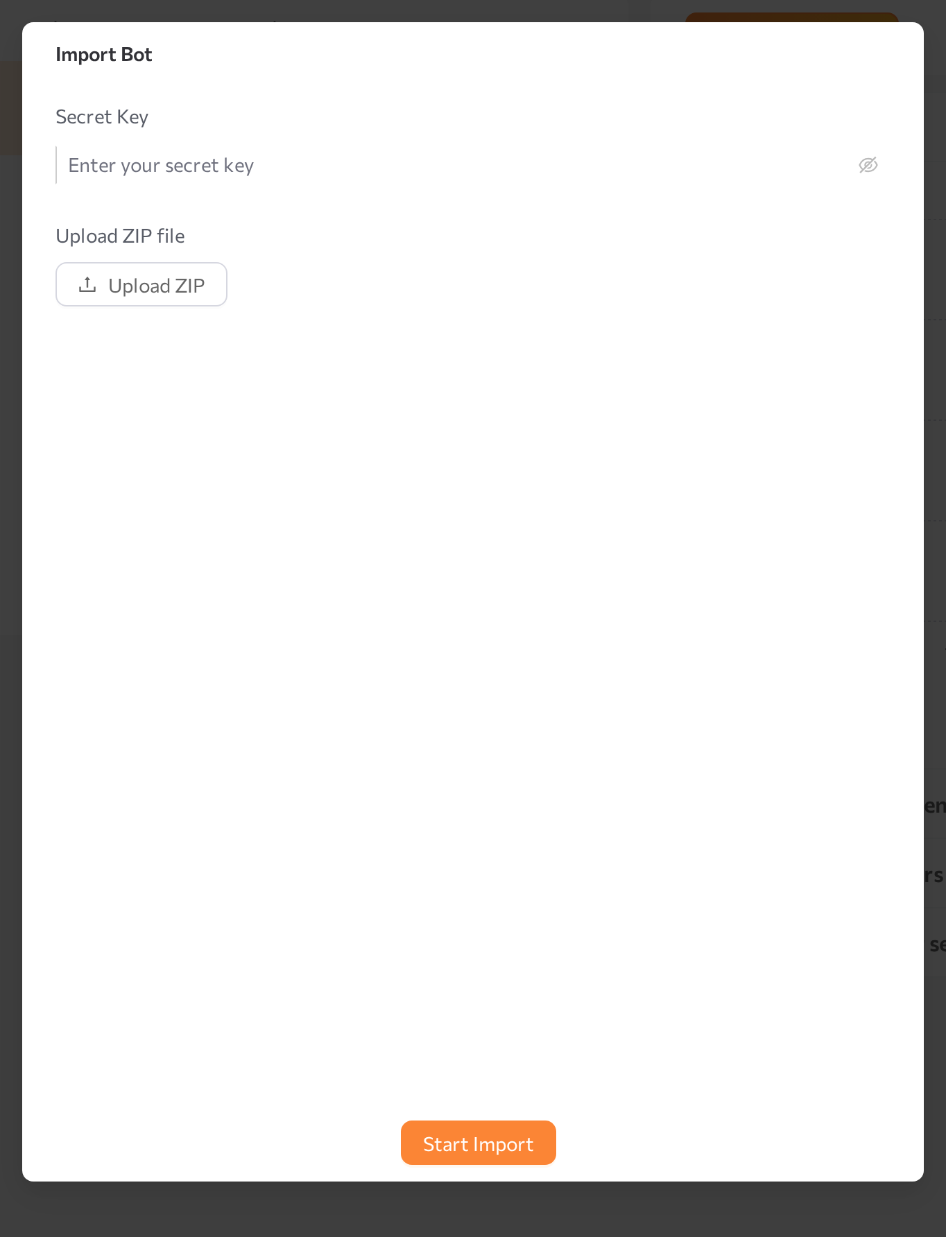 Import Bot window with the Secret Key field and the Upload ZIP button