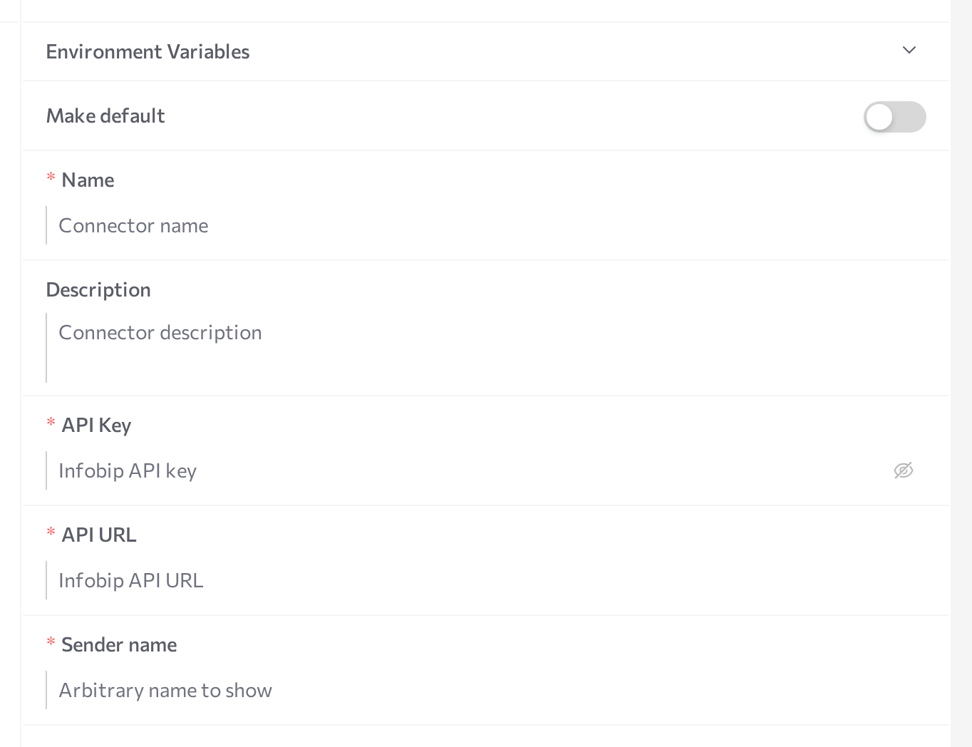 Infobip New connector form with API Key, API URL, and Sender name