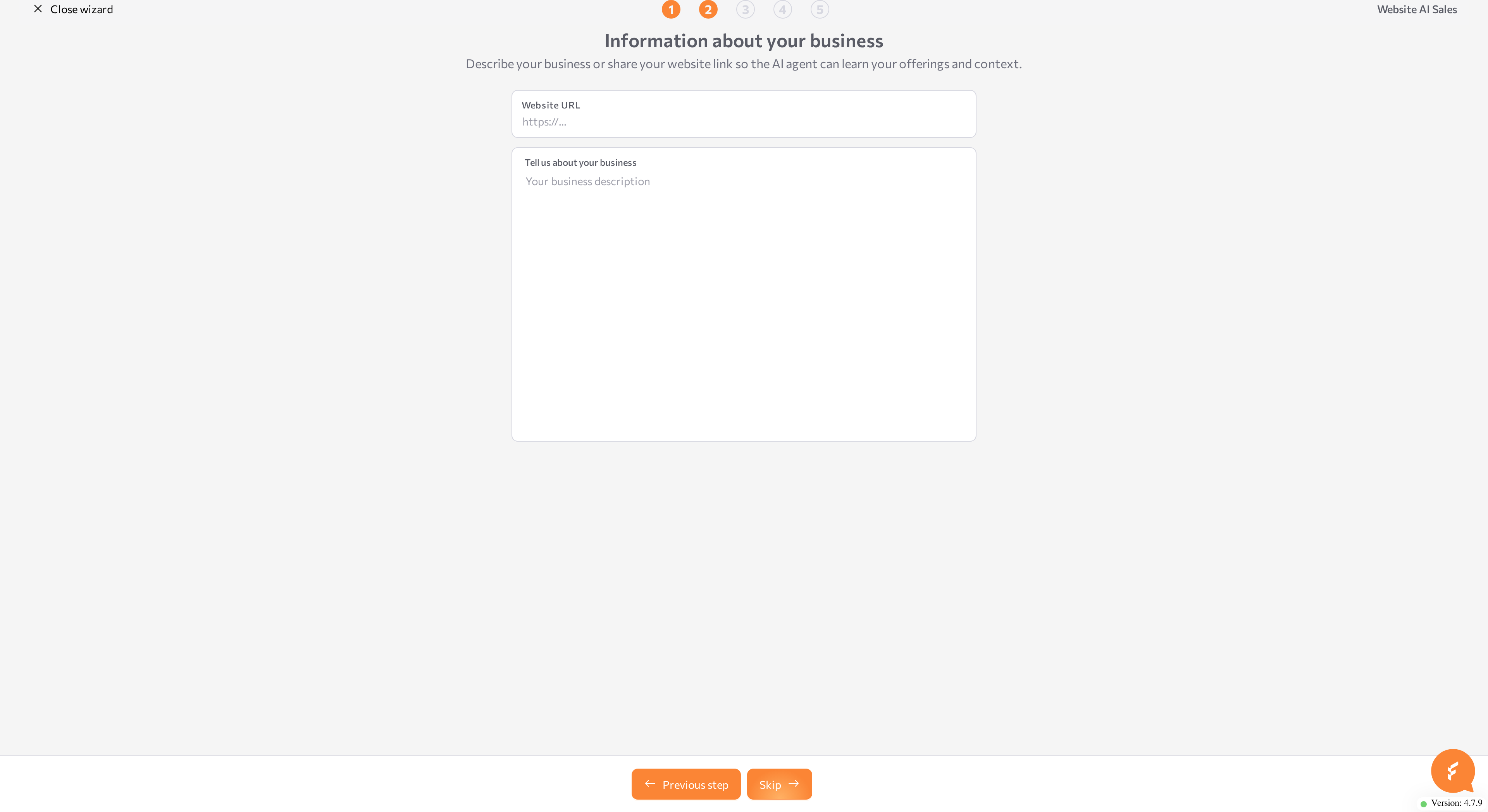 Information about your business step with the Website URL and description fields