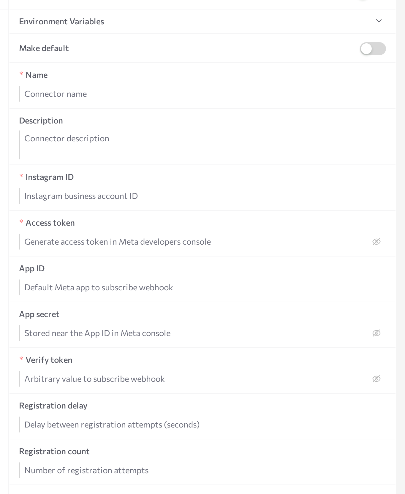 Instagram New connector form in Advanced mode with Instagram ID, Access token, and Verify token fields