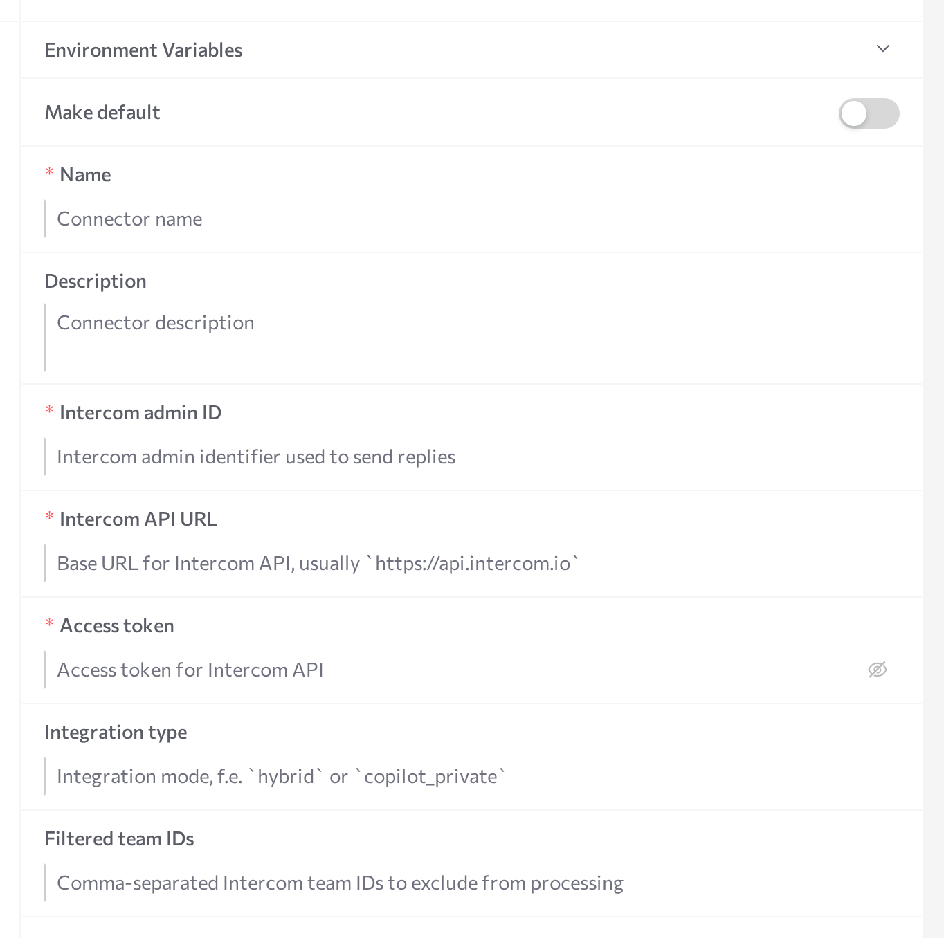 Intercom New connector form with admin ID, API URL, and Access token fields