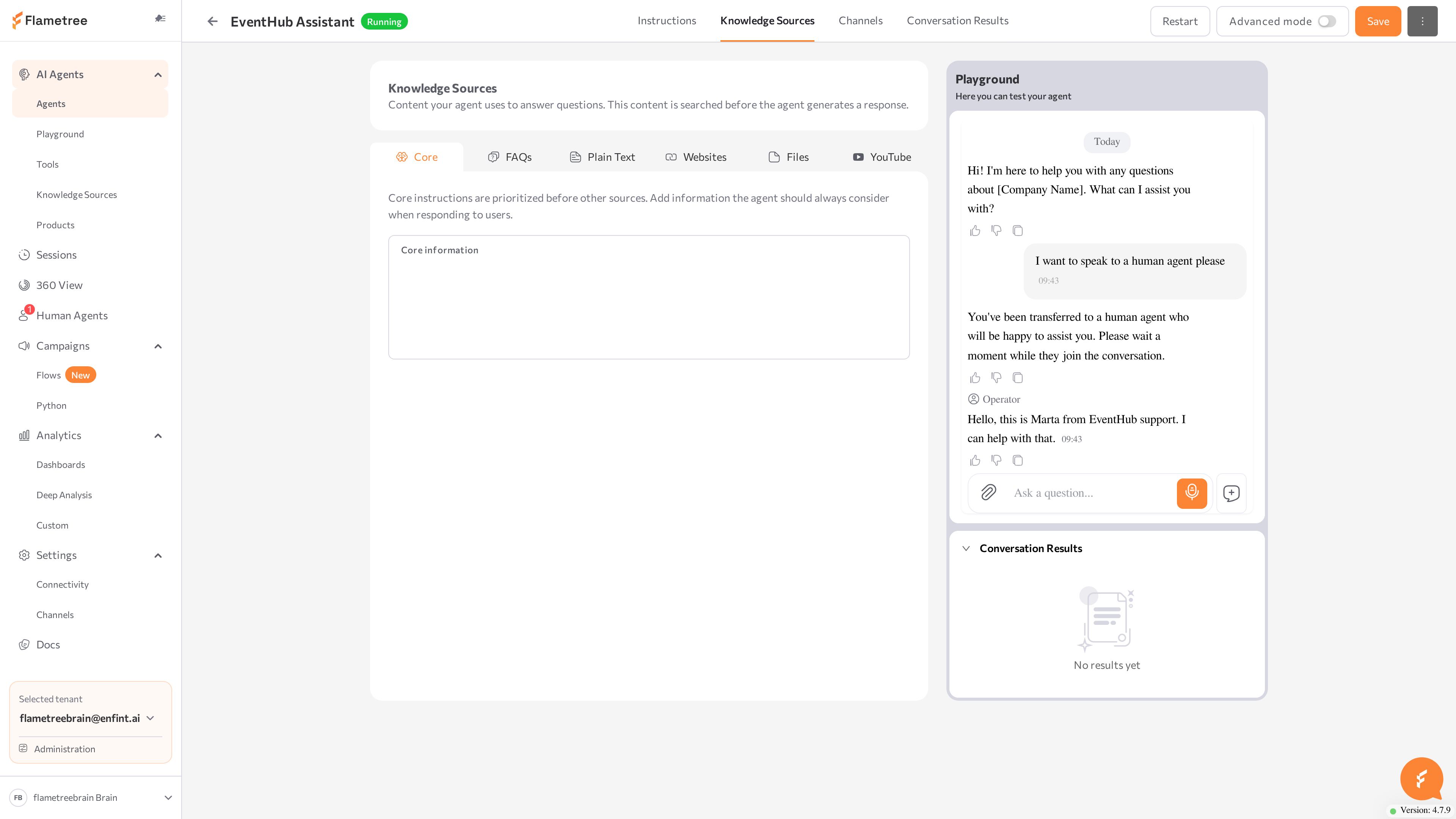 Knowledge Sources tab with Core, FAQs, Plain Text, Websites, Files, YouTube sub-tabs